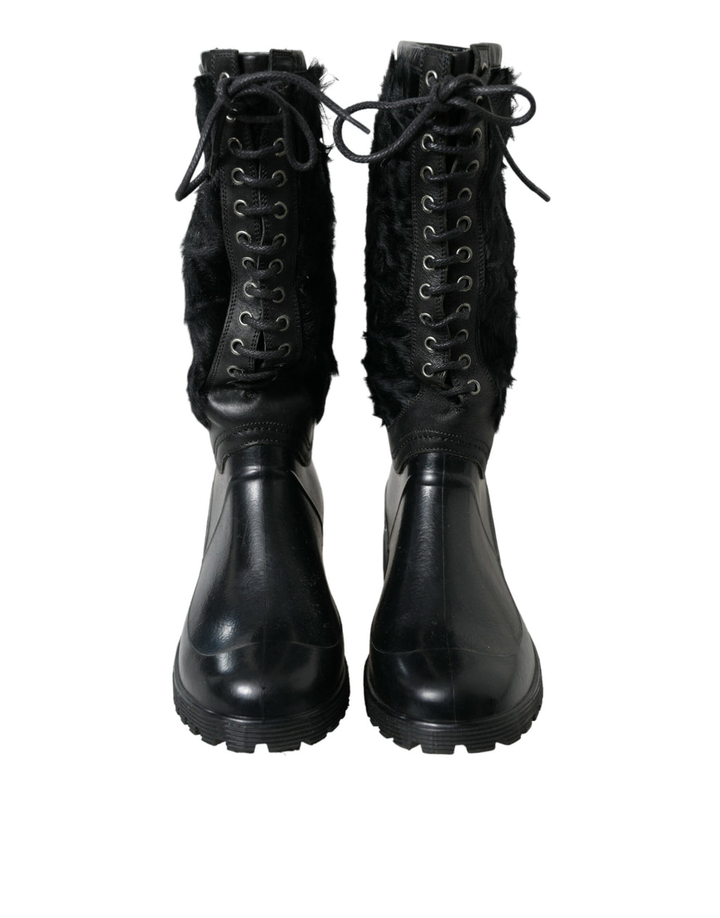 Dolce & Gabbana Black Rubber Lace-Up Shearling Rain Boots Shoes