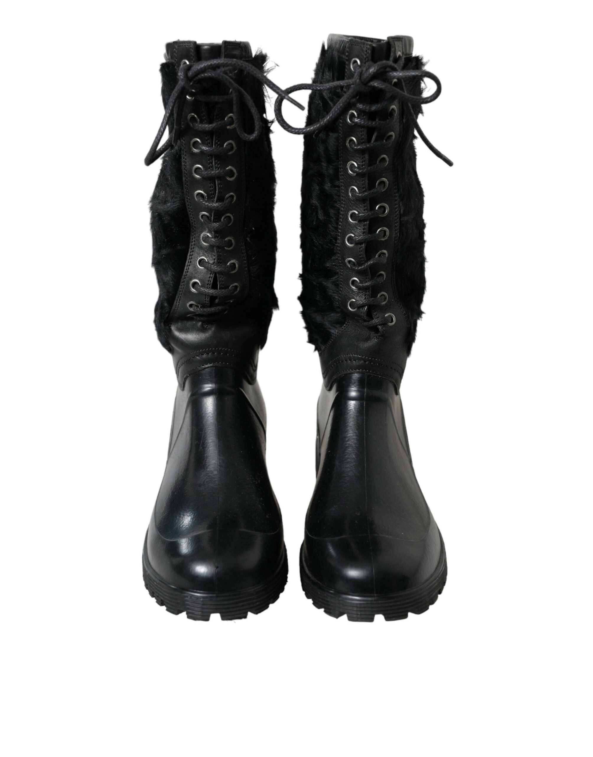 Dolce & Gabbana Black Rubber Lace-Up Shearling Rain Boots Shoes