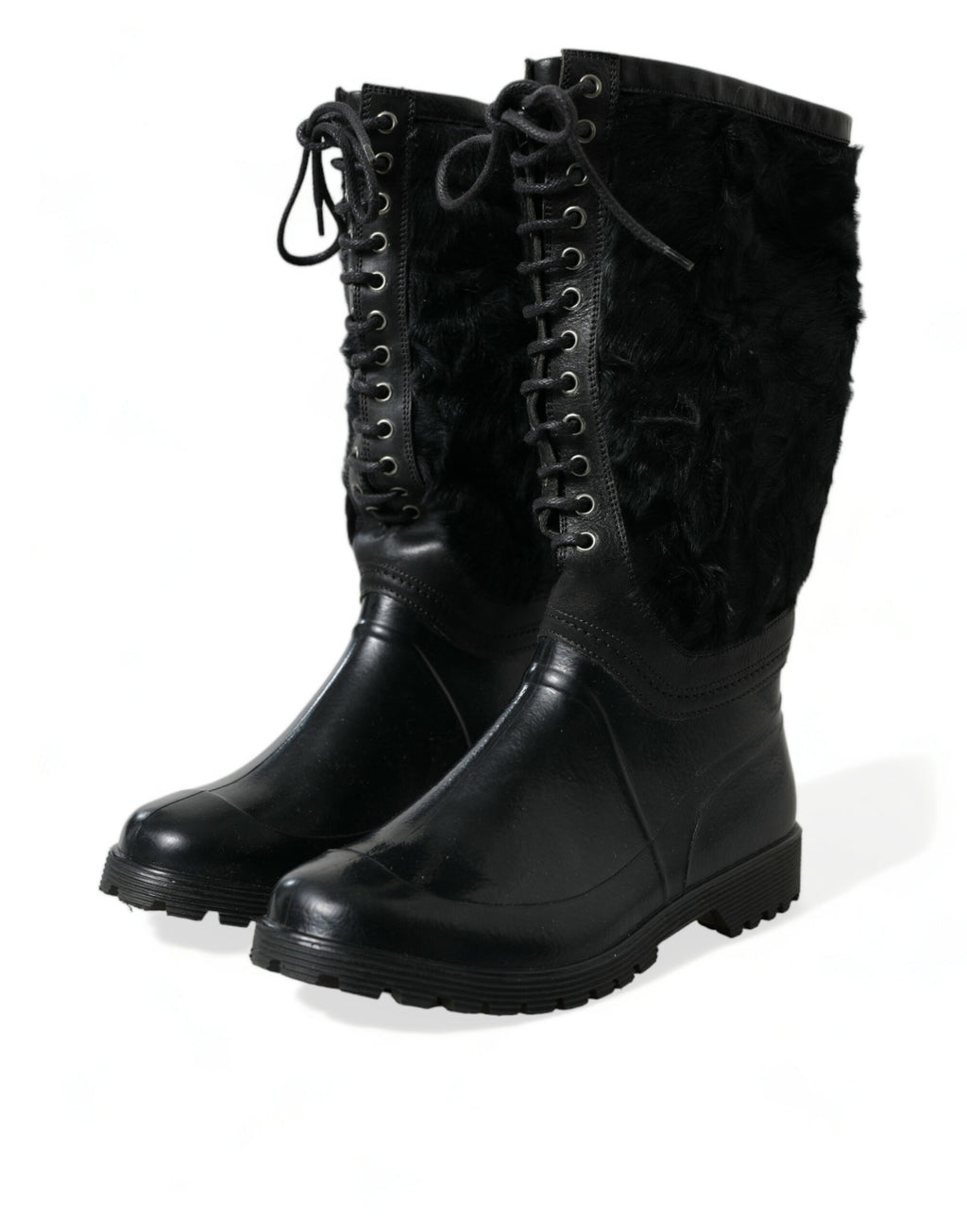 Dolce & Gabbana Black Rubber Lace-Up Shearling Rain Boots Shoes
