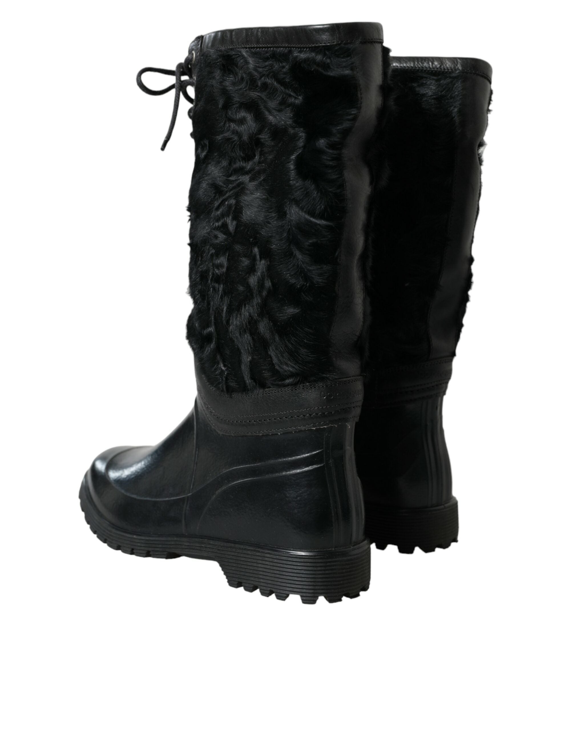 Dolce & Gabbana Black Rubber Lace-Up Shearling Rain Boots Shoes