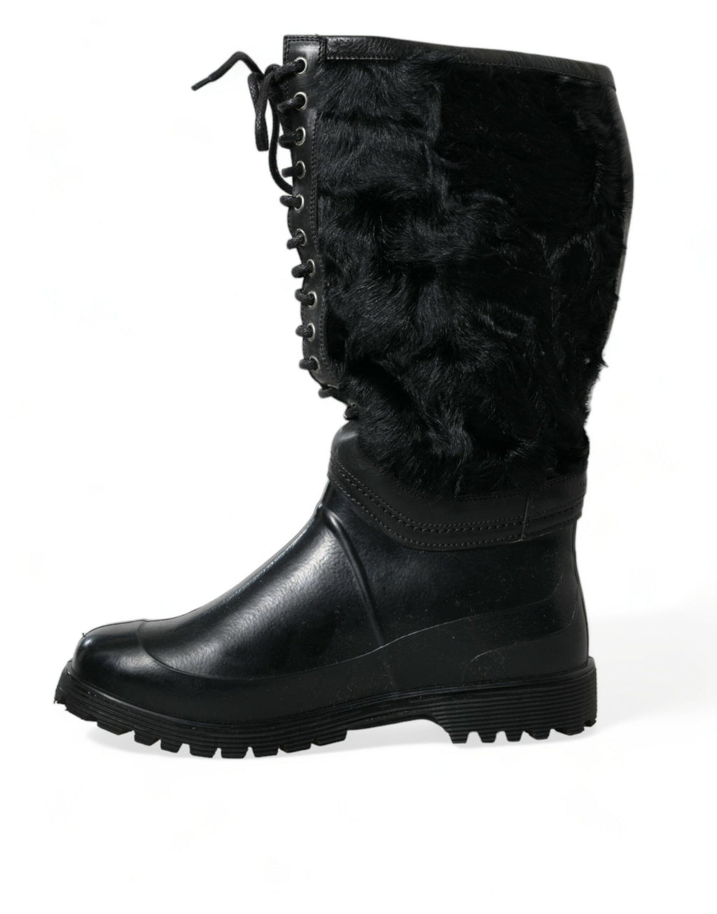 Dolce & Gabbana Black Rubber Lace-Up Shearling Rain Boots Shoes