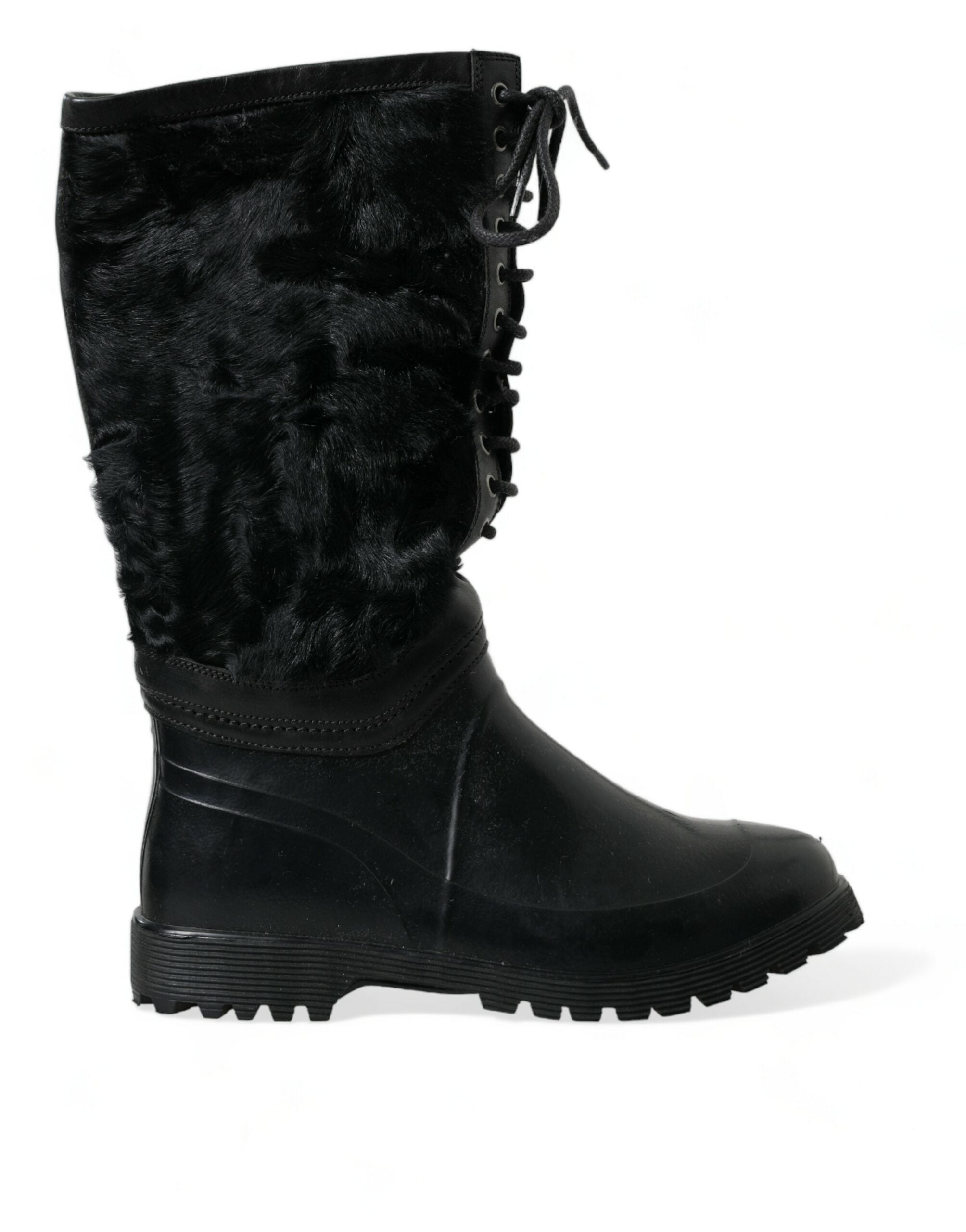 Dolce & Gabbana Black Rubber Lace-Up Shearling Rain Boots Shoes
