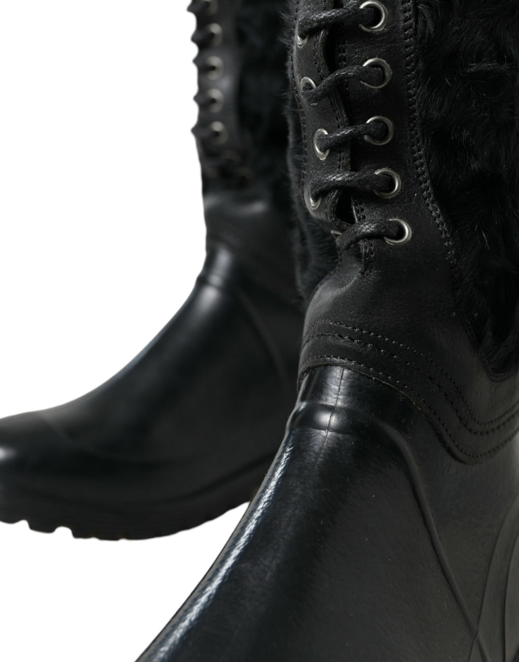 Dolce & Gabbana Black Rubber Lace-Up Shearling Rain Boots Shoes
