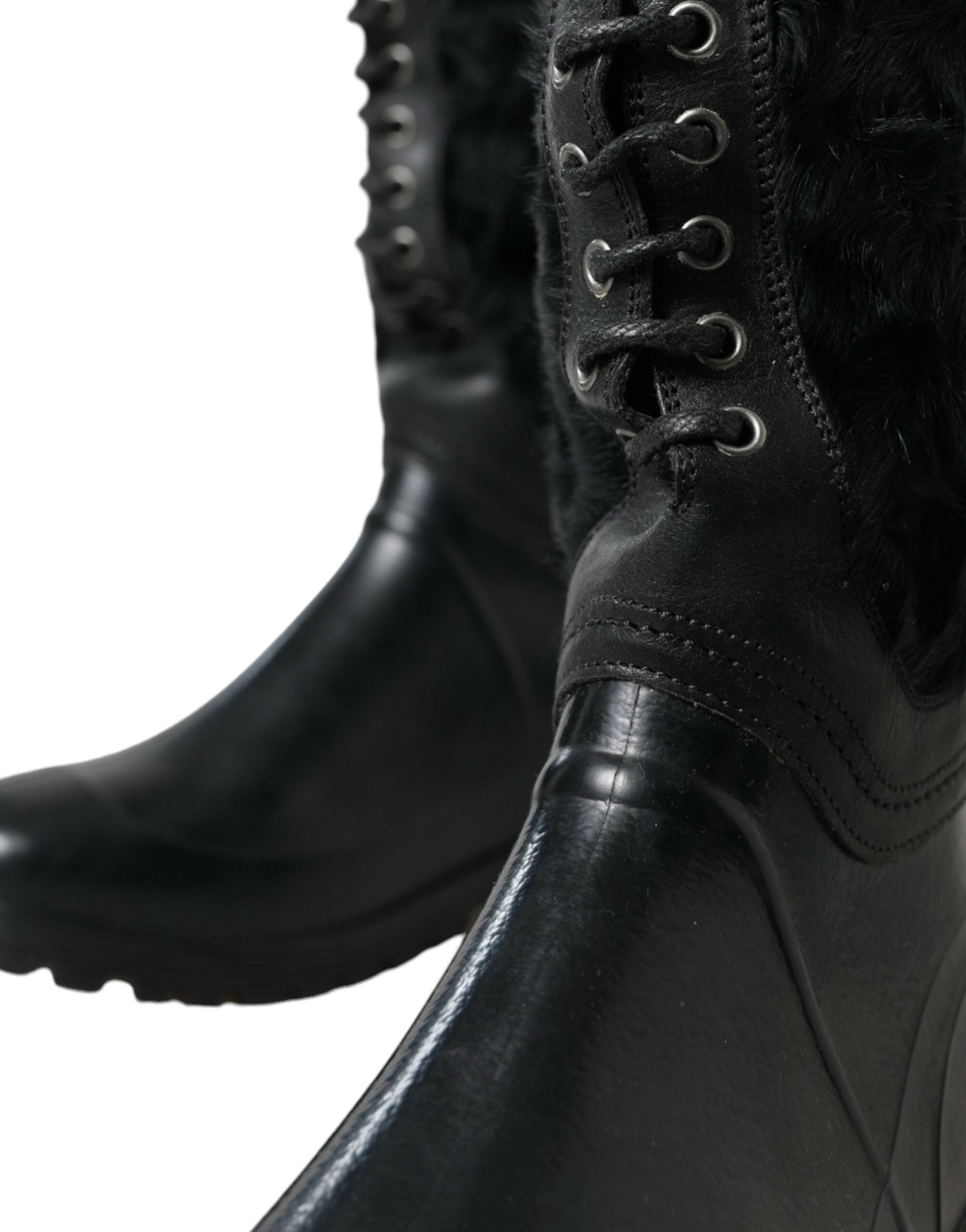 Dolce & Gabbana Black Rubber Lace-Up Shearling Rain Boots Shoes