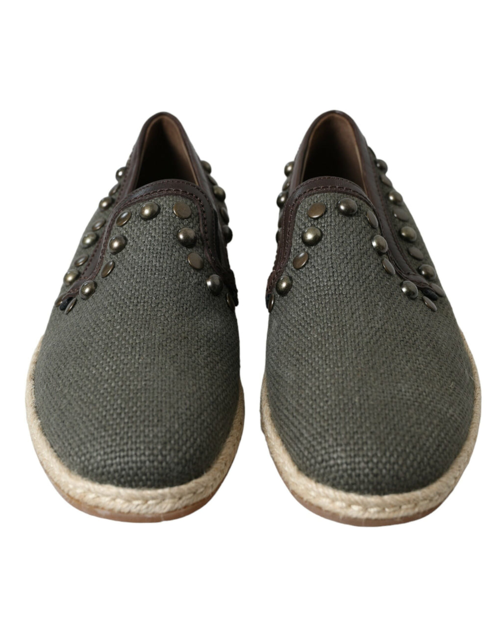 Dolce & Gabbana Graue Leinen Leder Nieten Loafers Schuhe