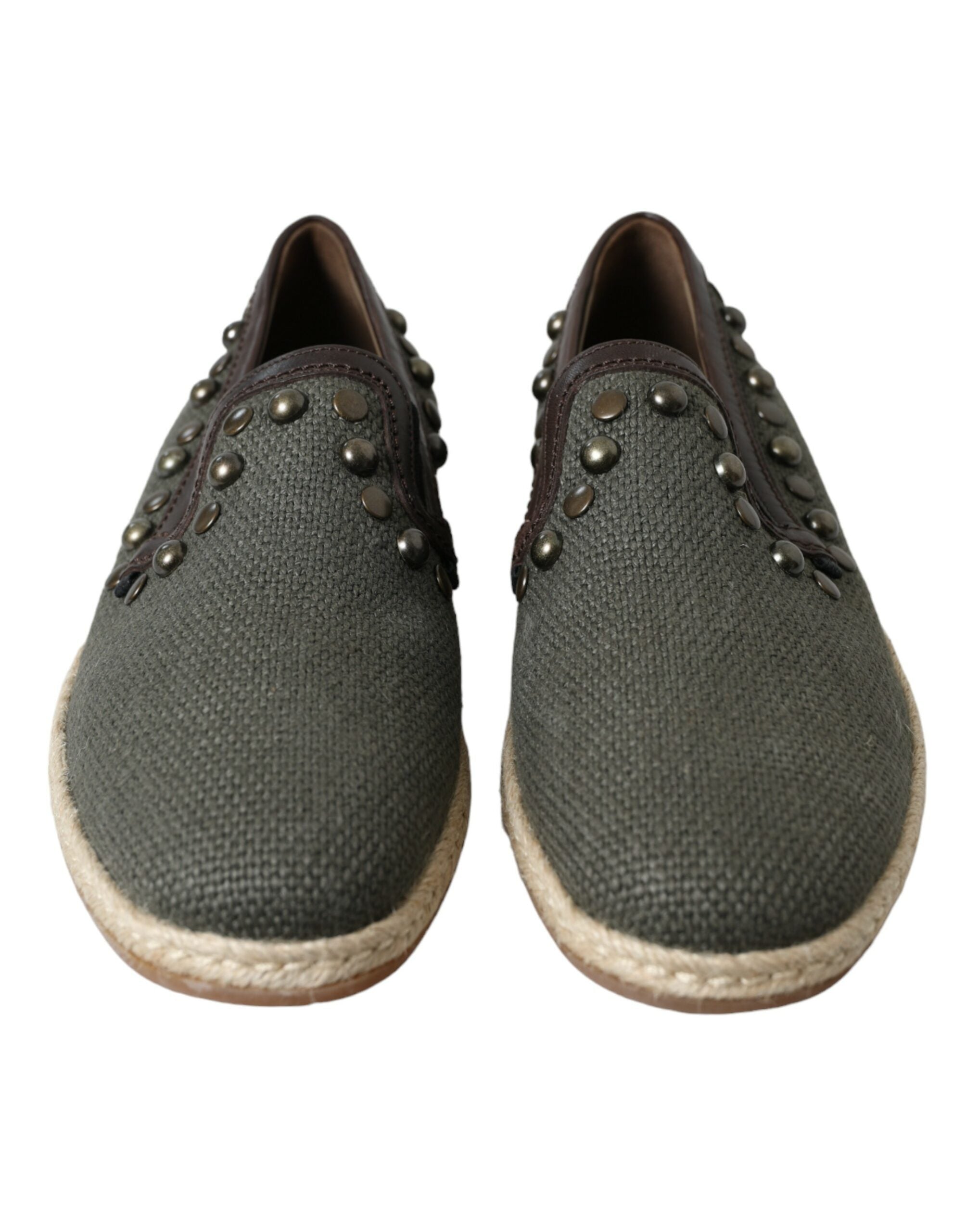 Dolce & Gabbana Graue Leinen Leder Nieten Loafers Schuhe