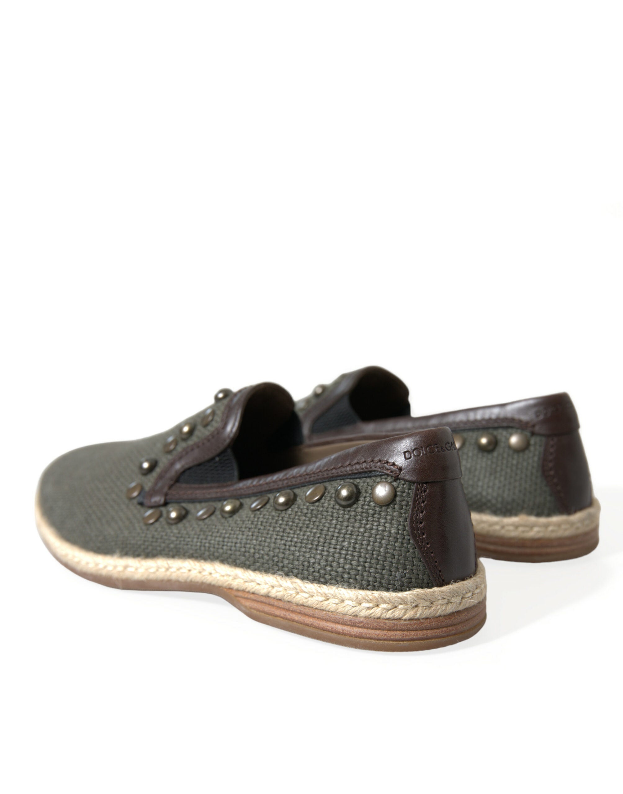 Dolce & Gabbana Graue Leinen Leder Nieten Loafers Schuhe