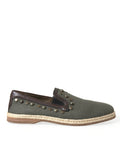 Dolce & Gabbana Graue Leinen Leder Nieten Loafers Schuhe