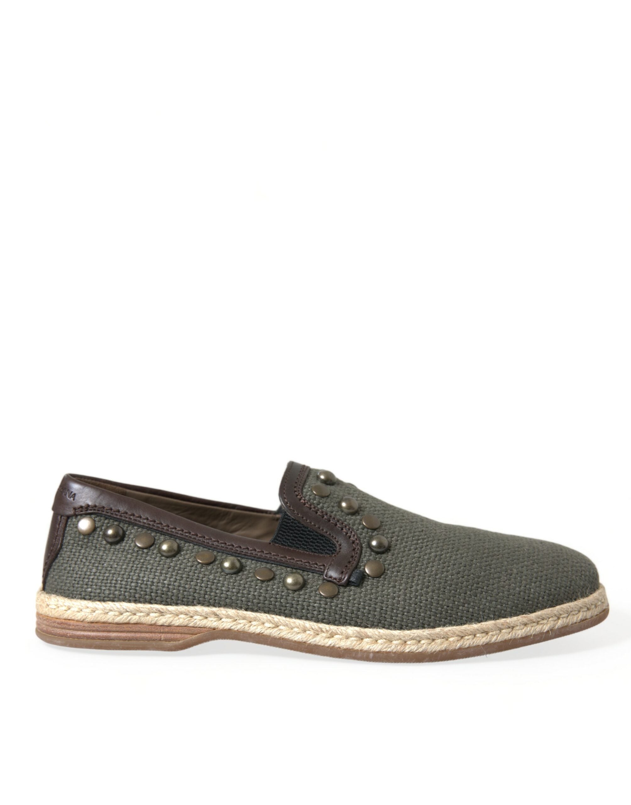 Dolce & Gabbana Graue Leinen Leder Nieten Loafers Schuhe