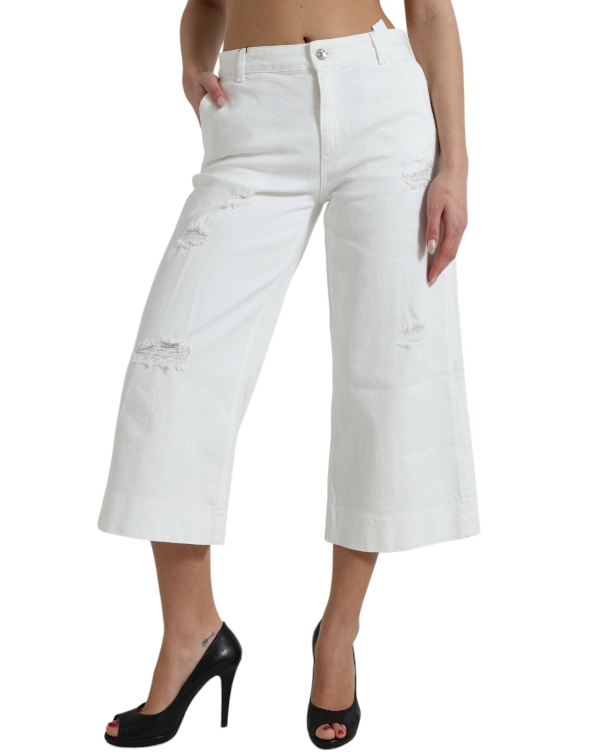 Dolce & Gabbana Weiße Baumwoll-Cropped Denim-Jeans mit weitem Bein