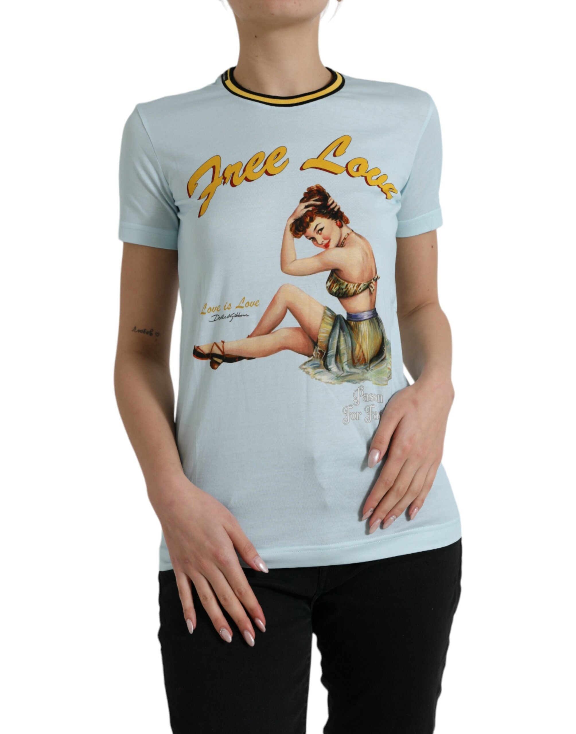 Dolce & Gabbana Hellblaues Baumwoll-T-Shirt mit Rundhalsausschnitt aus freier Liebe