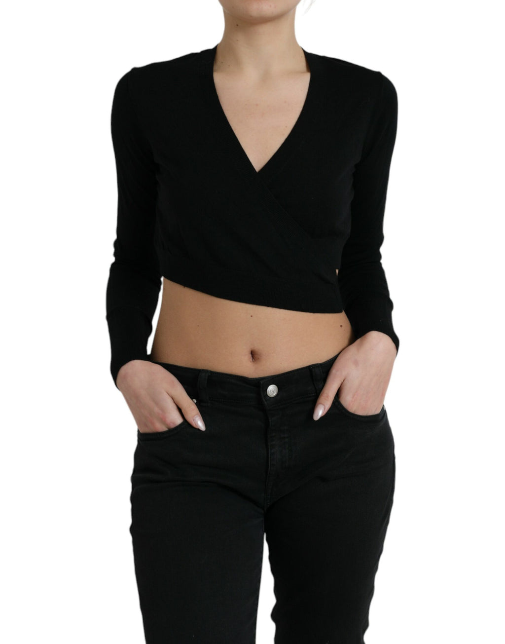 Dolce & Gabbana Black V-Neck Wool Sweater with Criss-Cross Collar