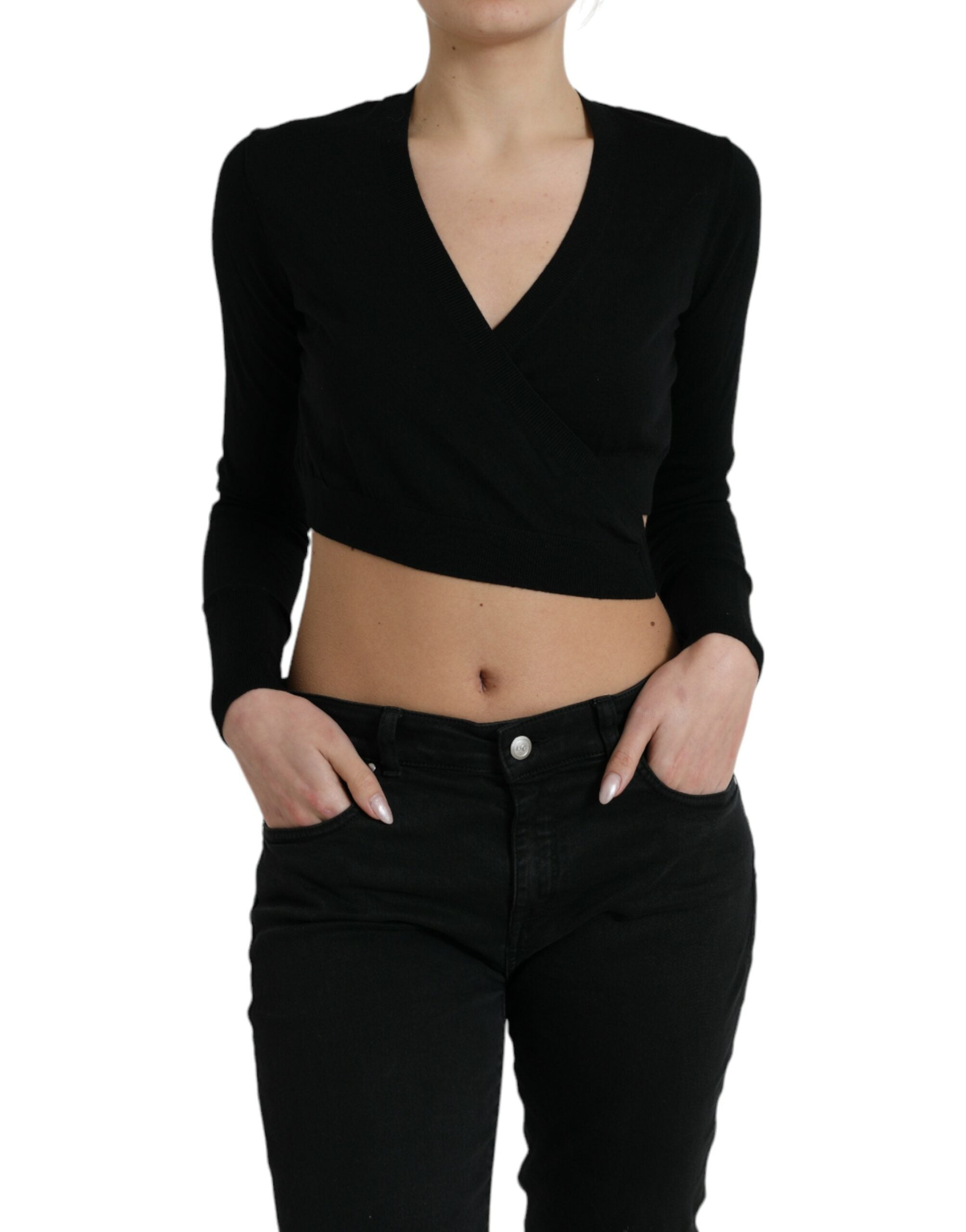 Dolce & Gabbana Black V-Neck Wool Sweater with Criss-Cross Collar