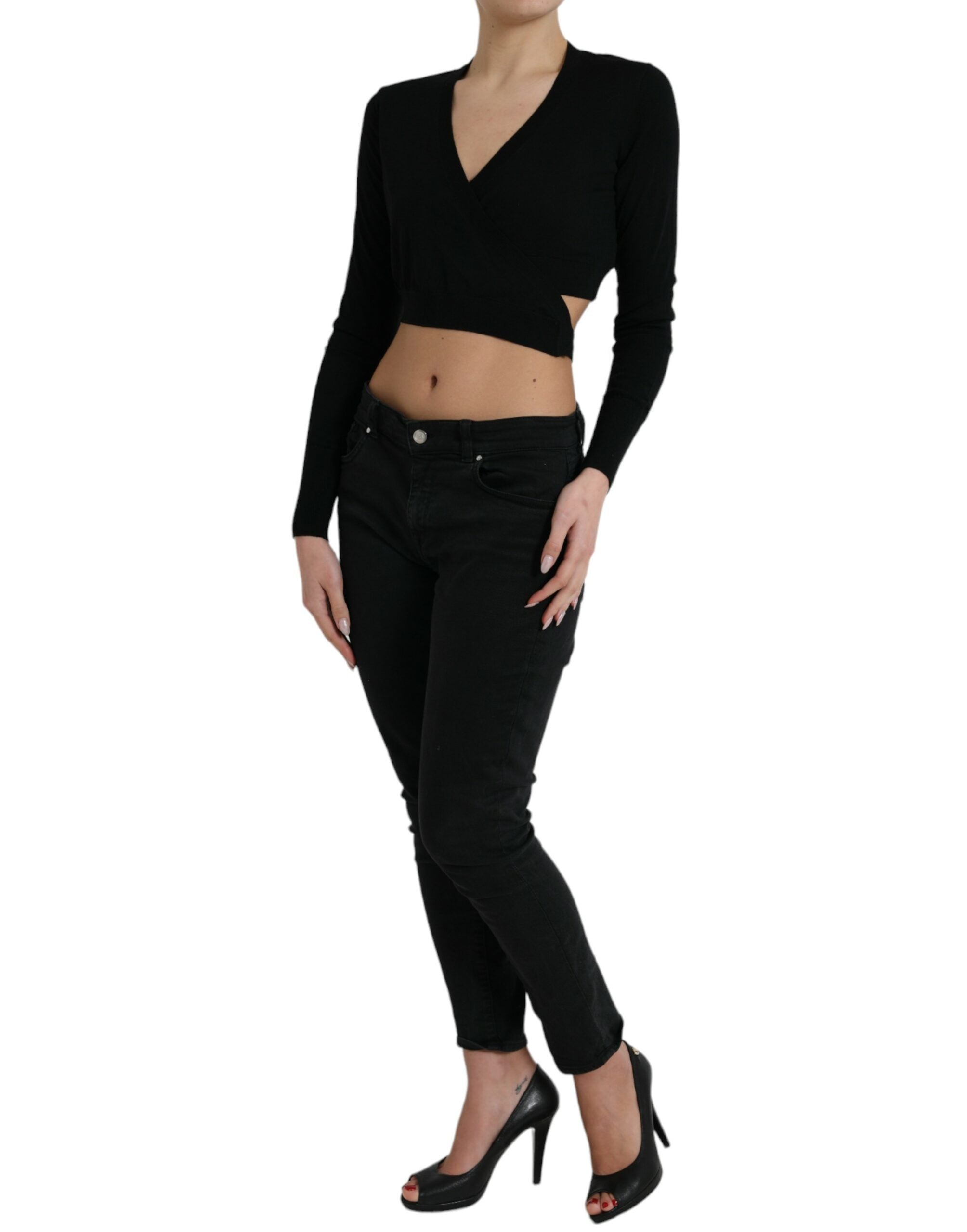 Dolce & Gabbana Black V-Neck Wool Sweater with Criss-Cross Collar