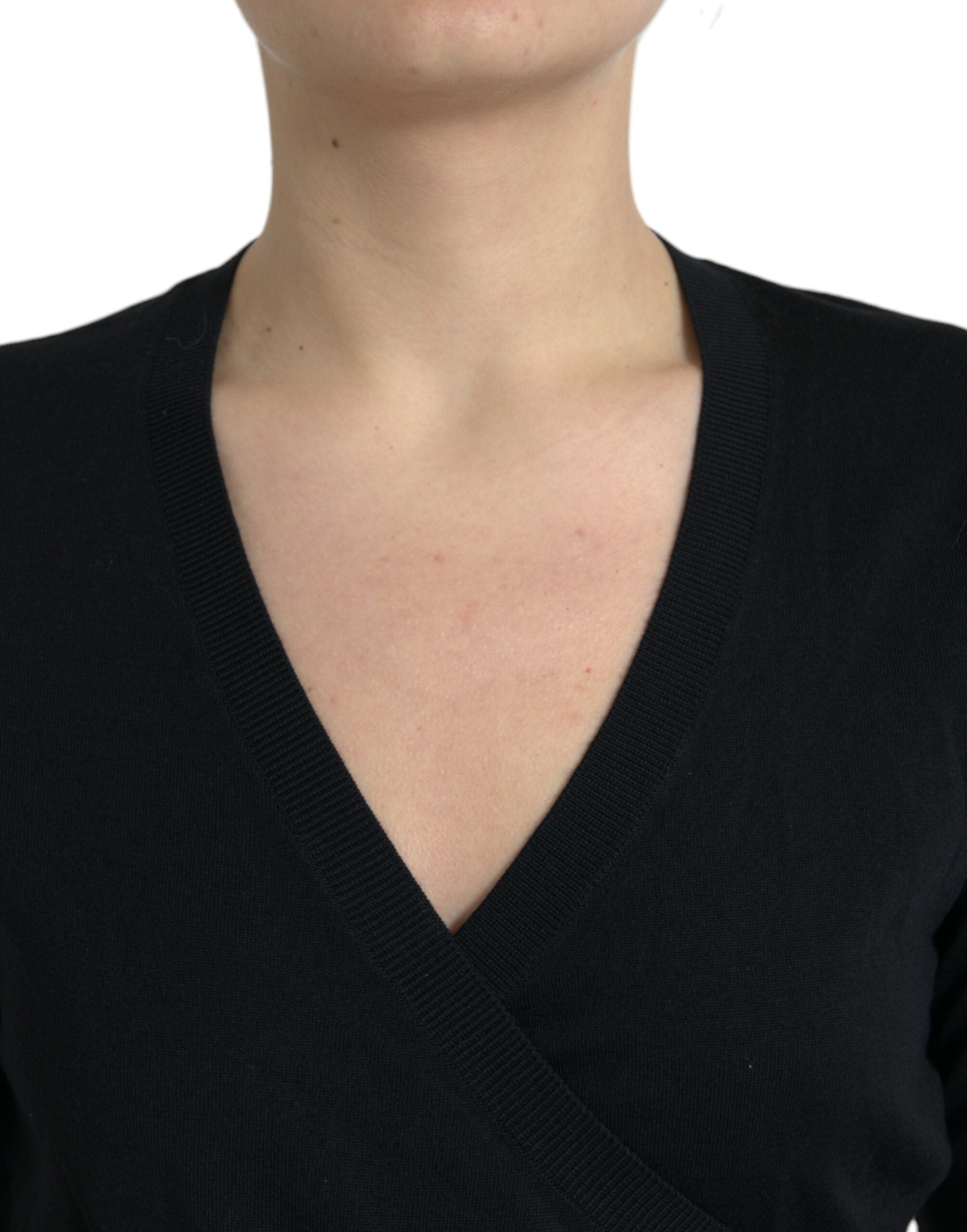 Dolce & Gabbana Black V-Neck Wool Sweater with Criss-Cross Collar