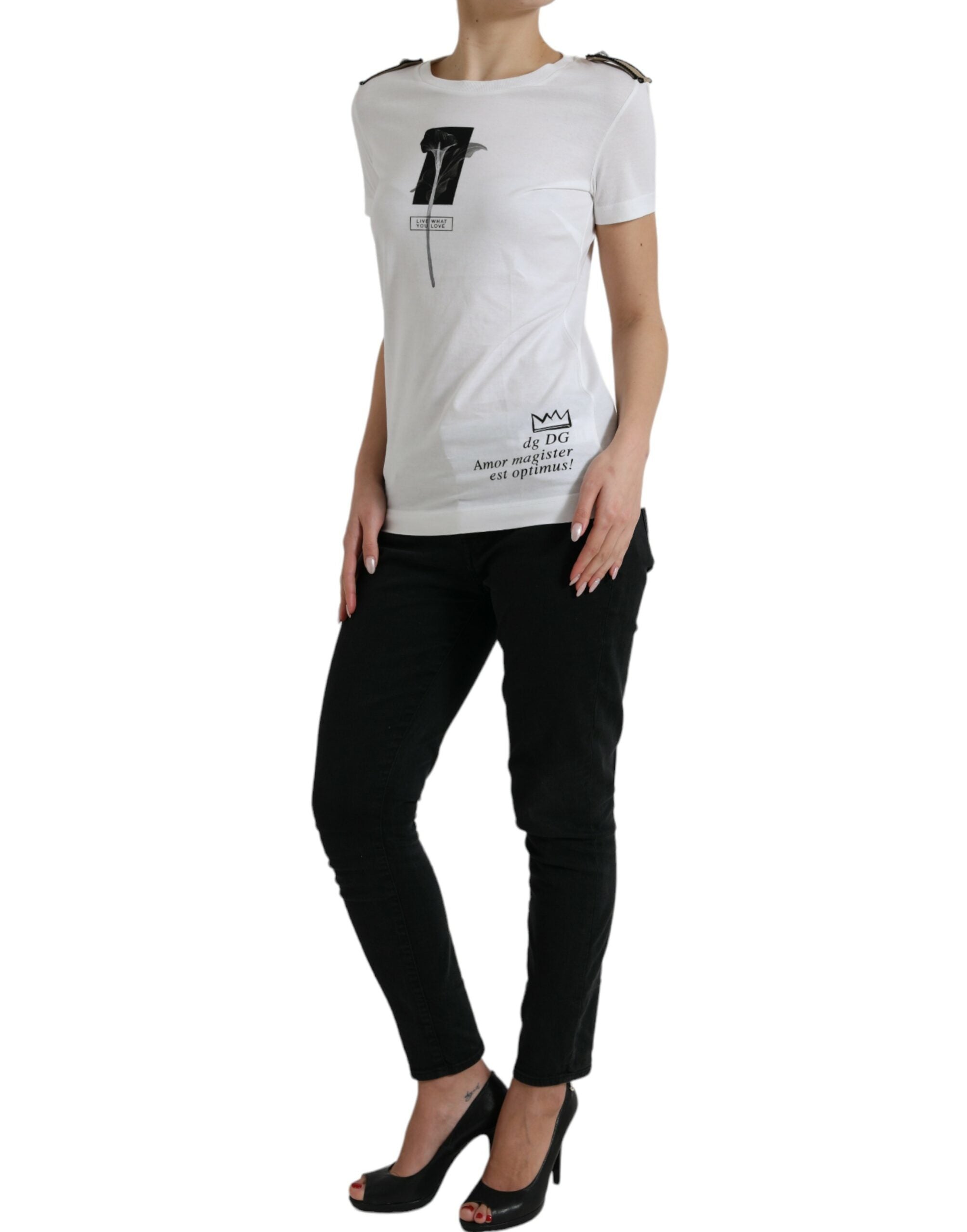 Dolce & Gabbana Weiß Schwarz Rosen Baumwoll-T-Shirt mit Rundhalsausschnitt