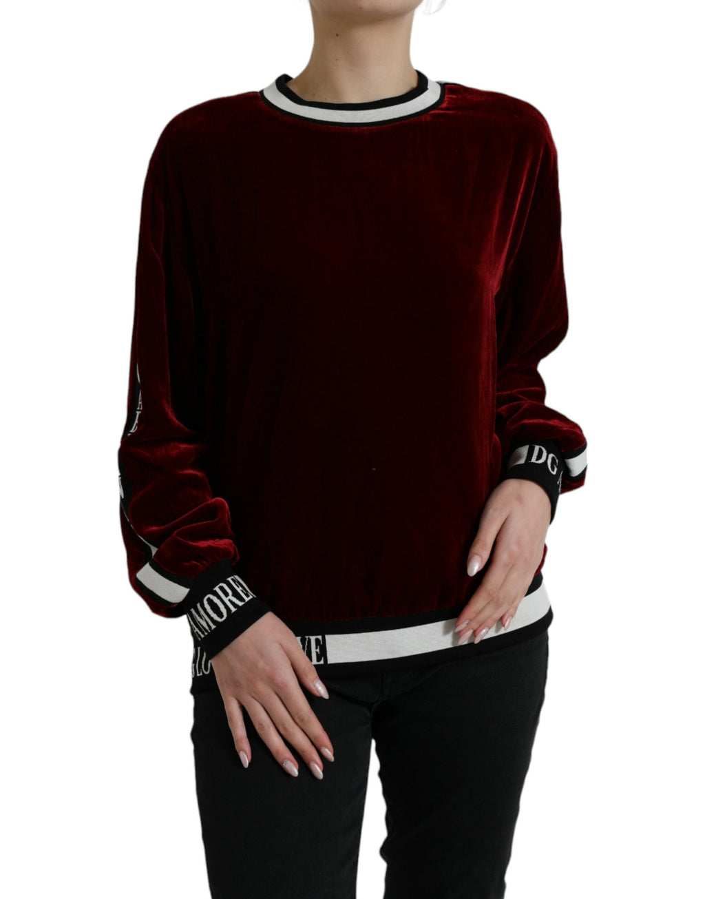 Dolce & Gabbana Burgundy Velvet Crew Neck Sweater