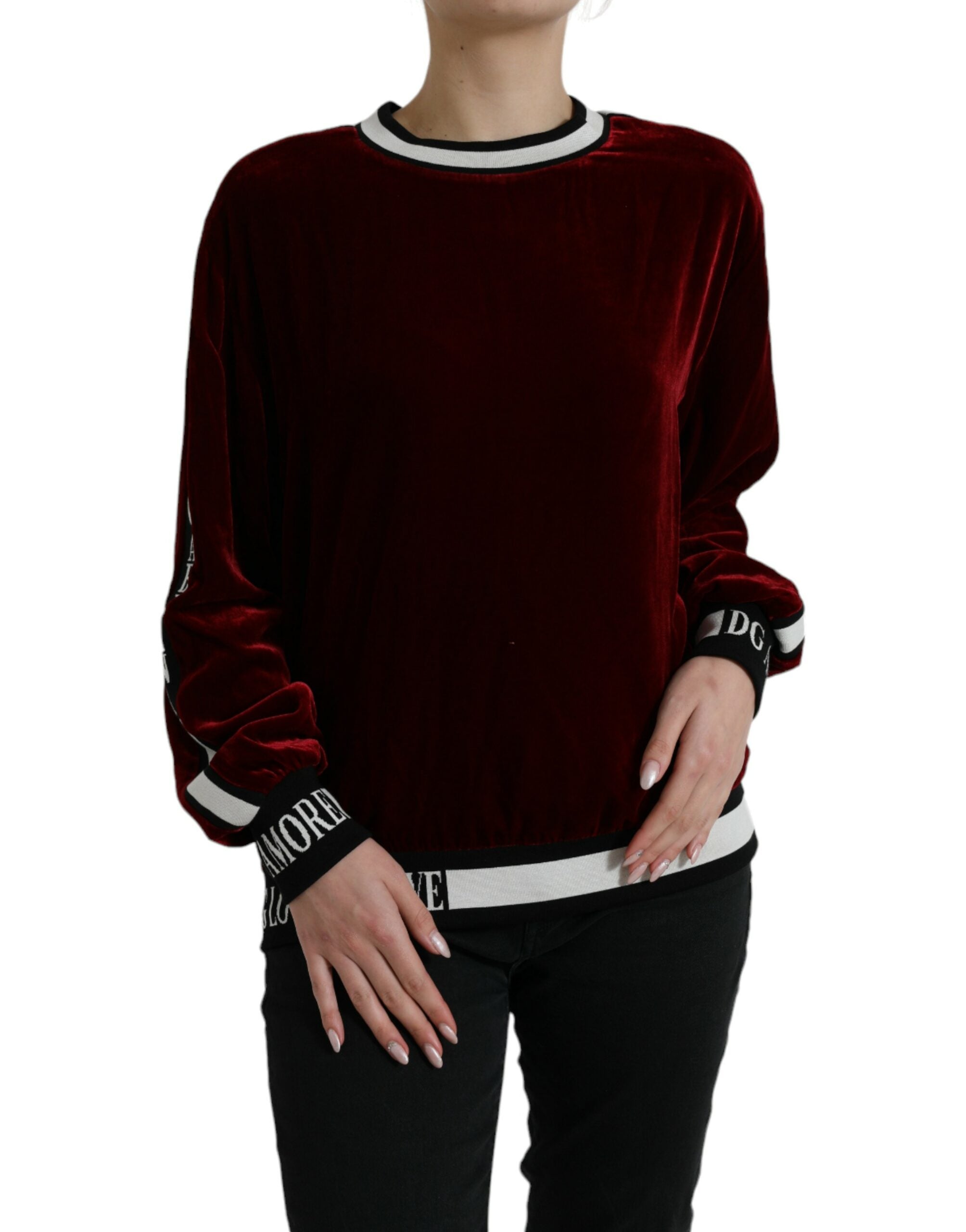 Dolce & Gabbana Burgundy Velvet Crew Neck Sweater