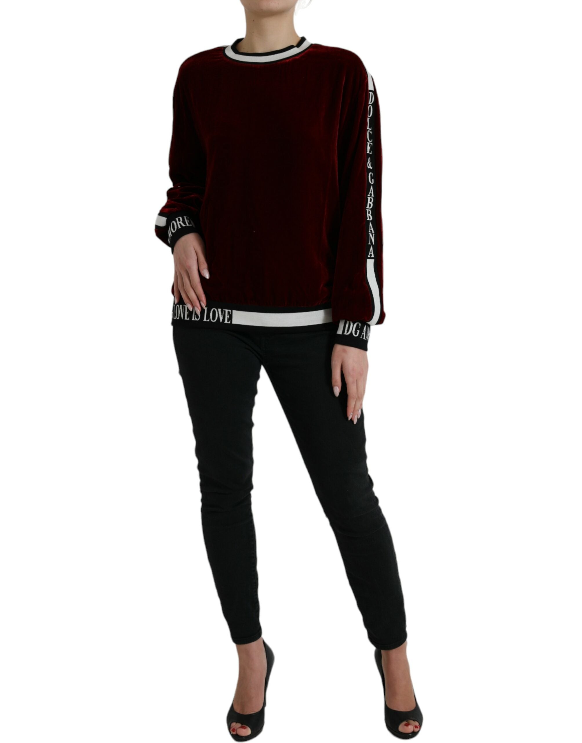 Dolce & Gabbana Burgundy Velvet Crew Neck Sweater