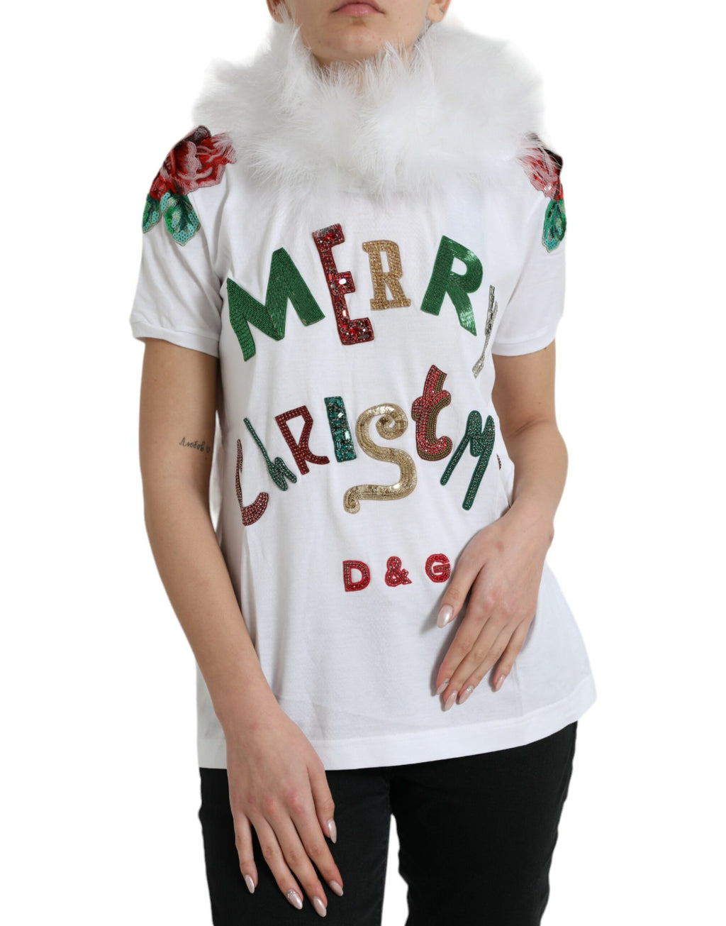 Dolce & Gabbana White Cotton Sequin Fur Christmas T-Shirt