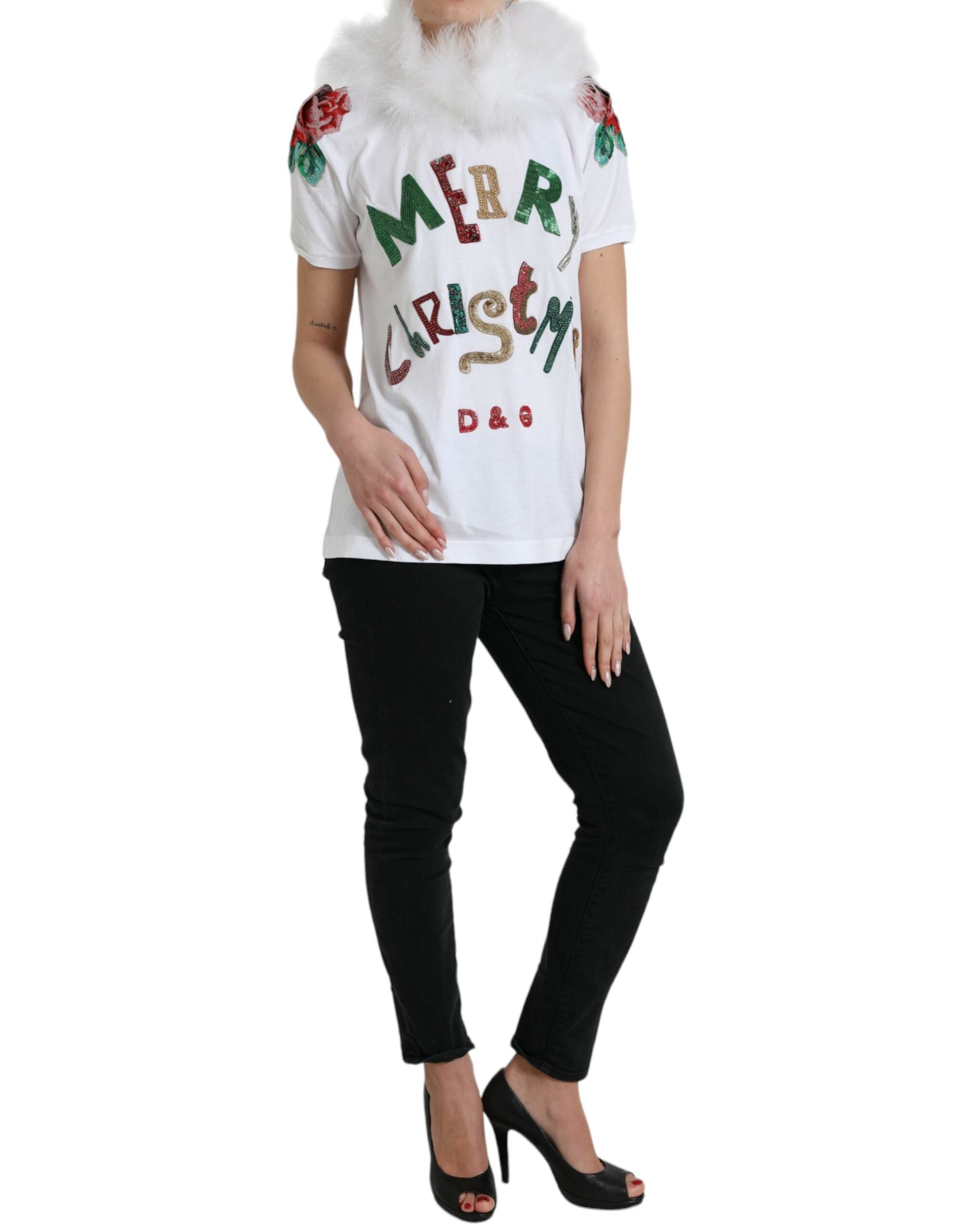 Dolce & Gabbana White Cotton Sequin Fur Christmas T-Shirt