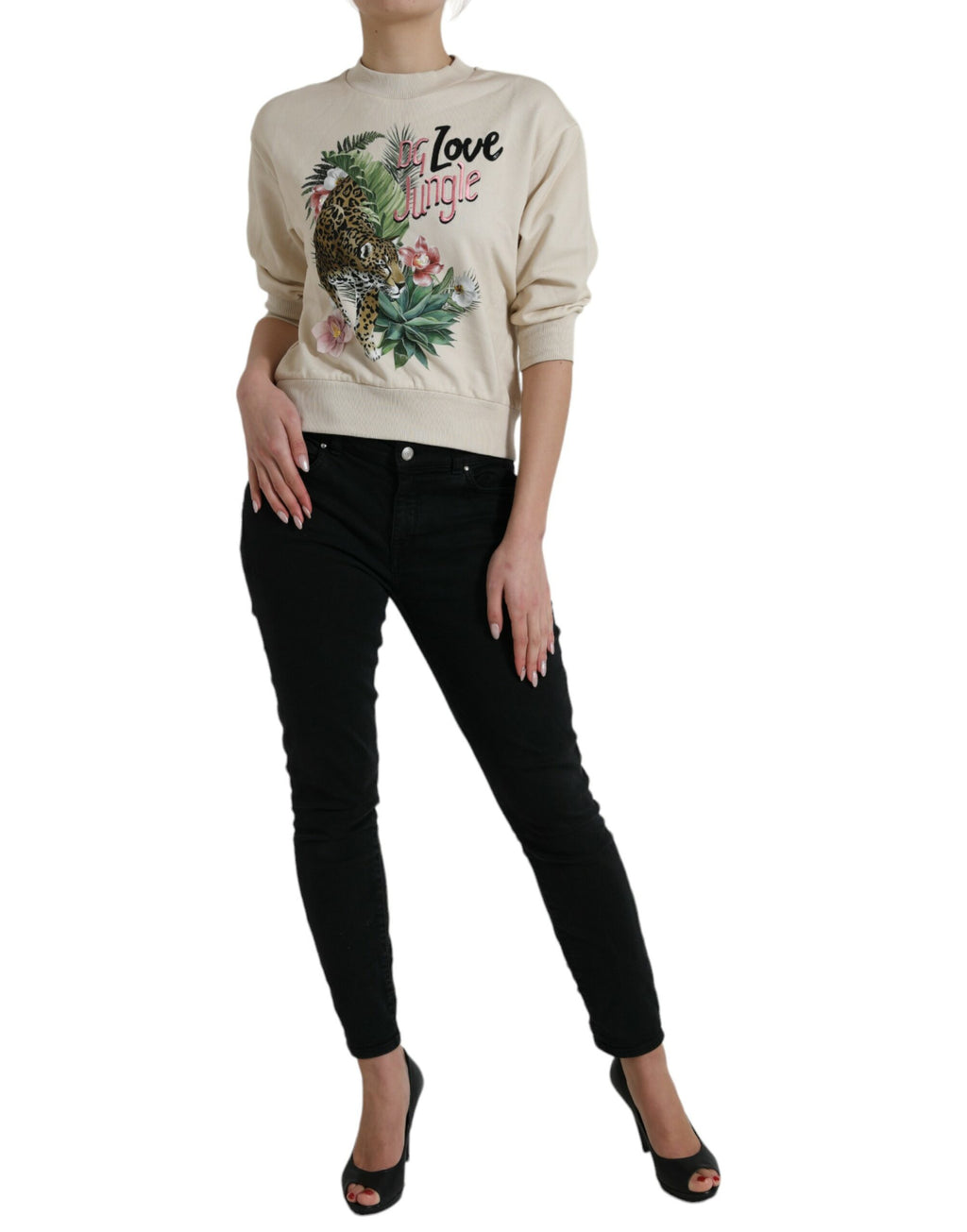 Dolce & Gabbana Beigefarbener Pullover aus bedruckter Baumwolle mit Dschungelmuster