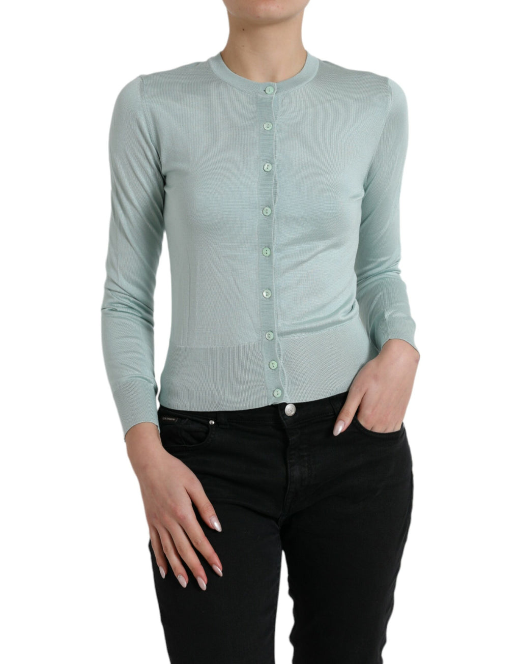 Dolce & Gabbana Light Blue Silk Crew Neck Knit Sweater