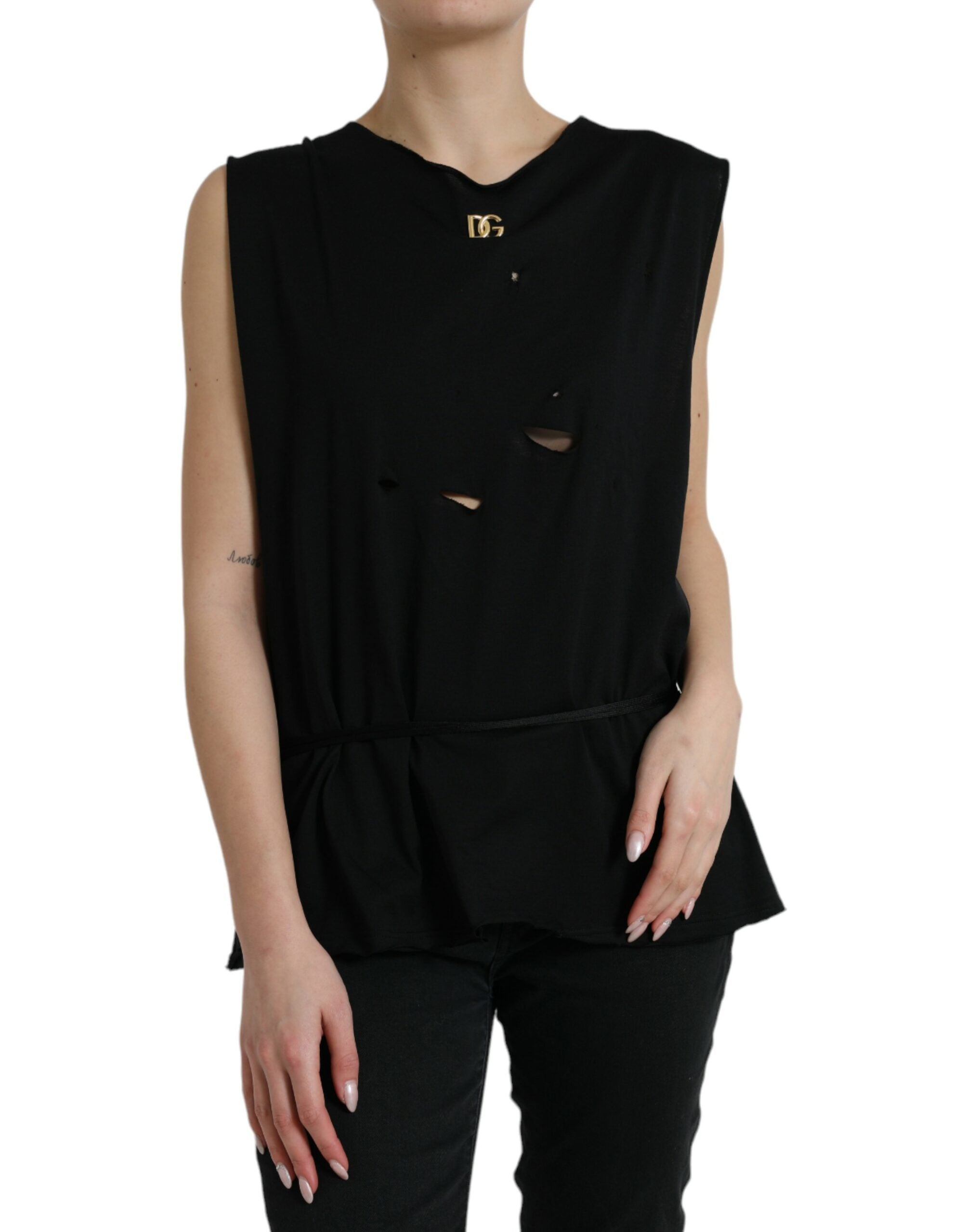 Dolce & Gabbana Black Cotton Lace Logo Crew-Neck Top