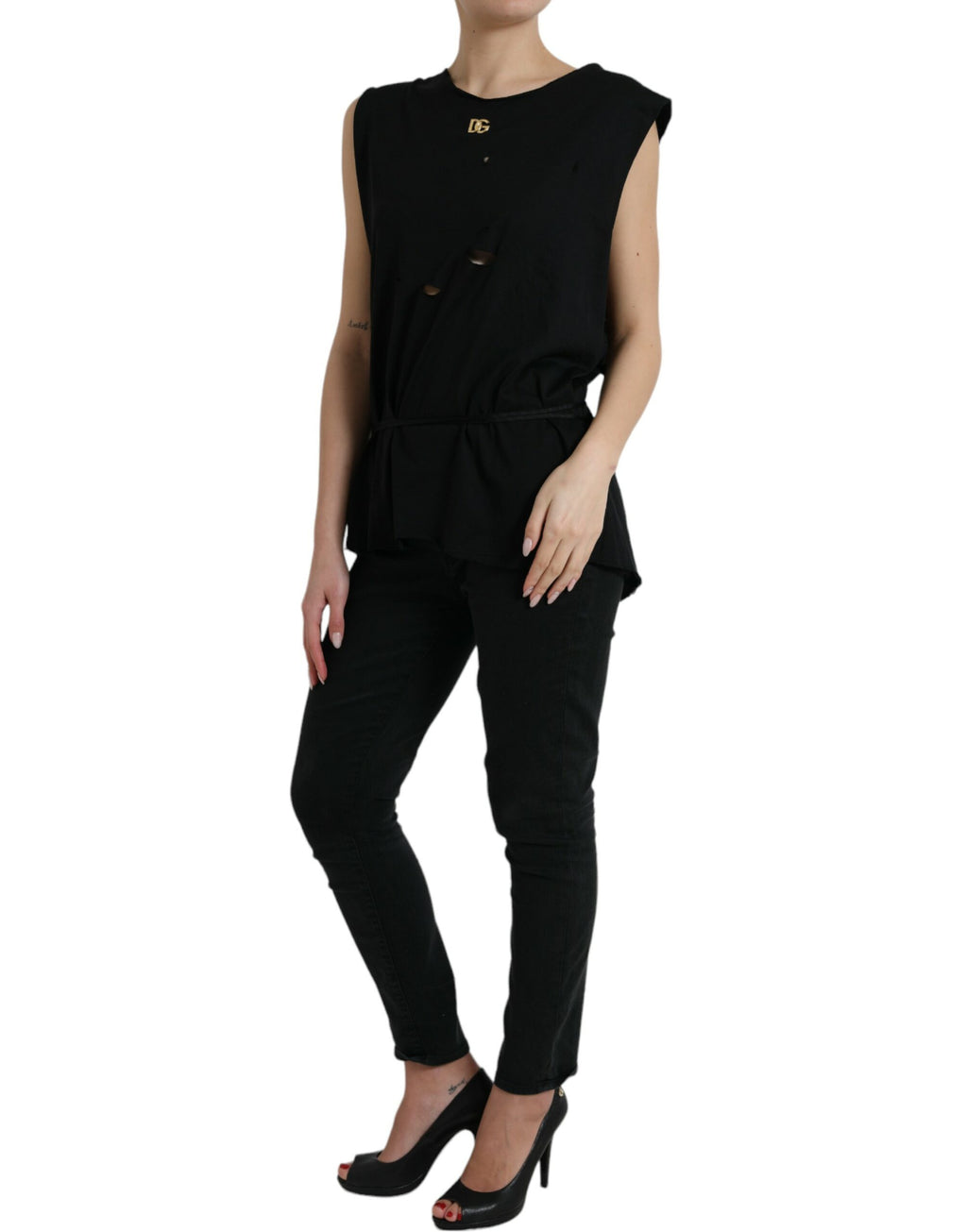 Dolce & Gabbana Black Cotton Lace Logo Crew-Neck Top