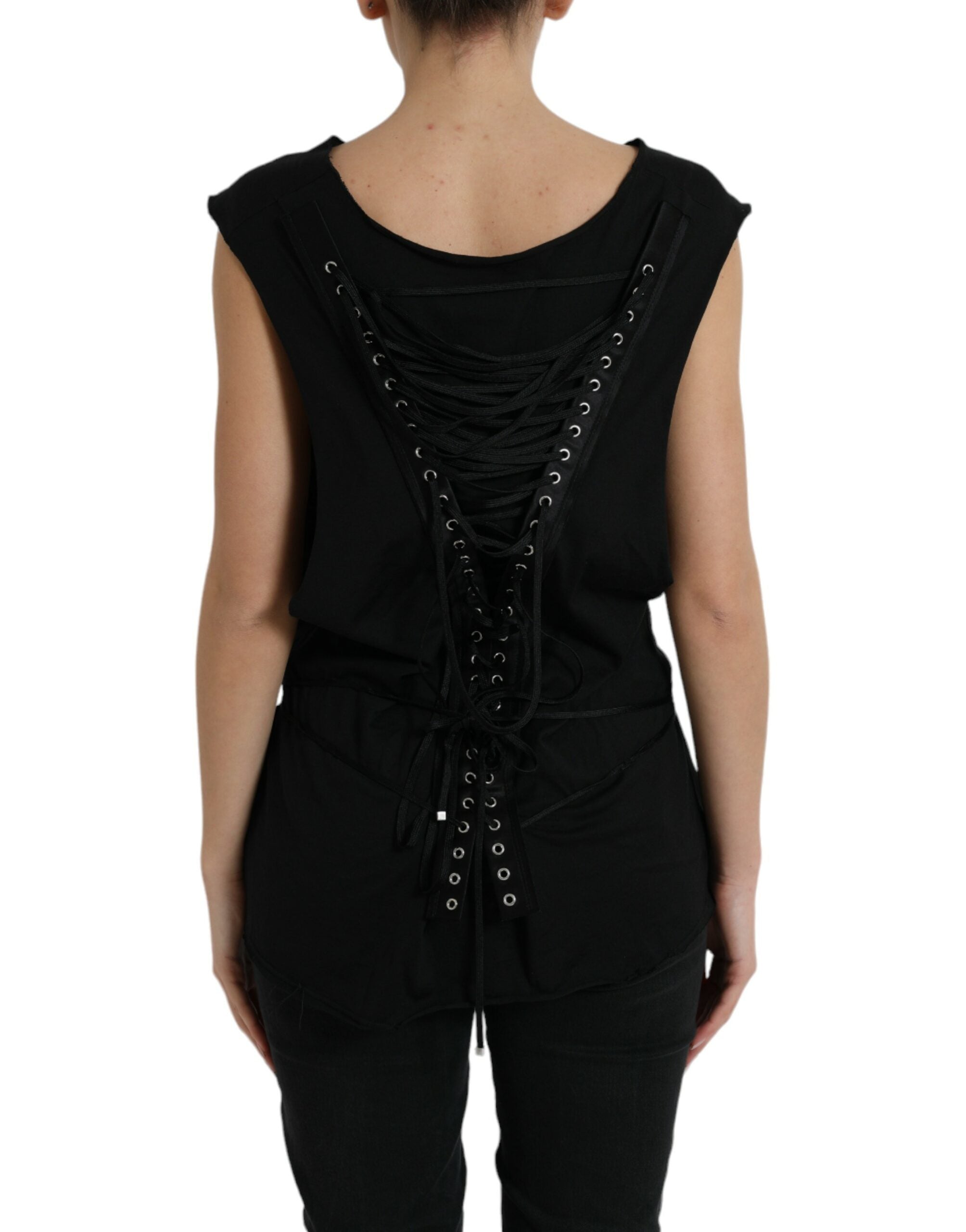 Dolce & Gabbana Black Cotton Lace Logo Crew-Neck Top
