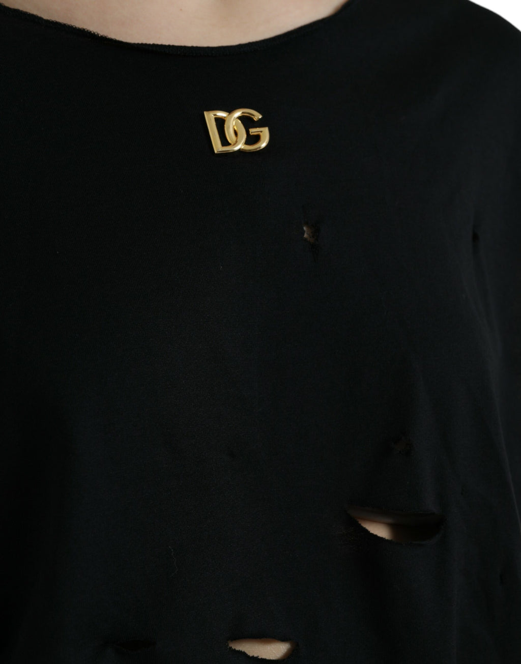 Dolce & Gabbana Black Cotton Lace Logo Crew-Neck Top