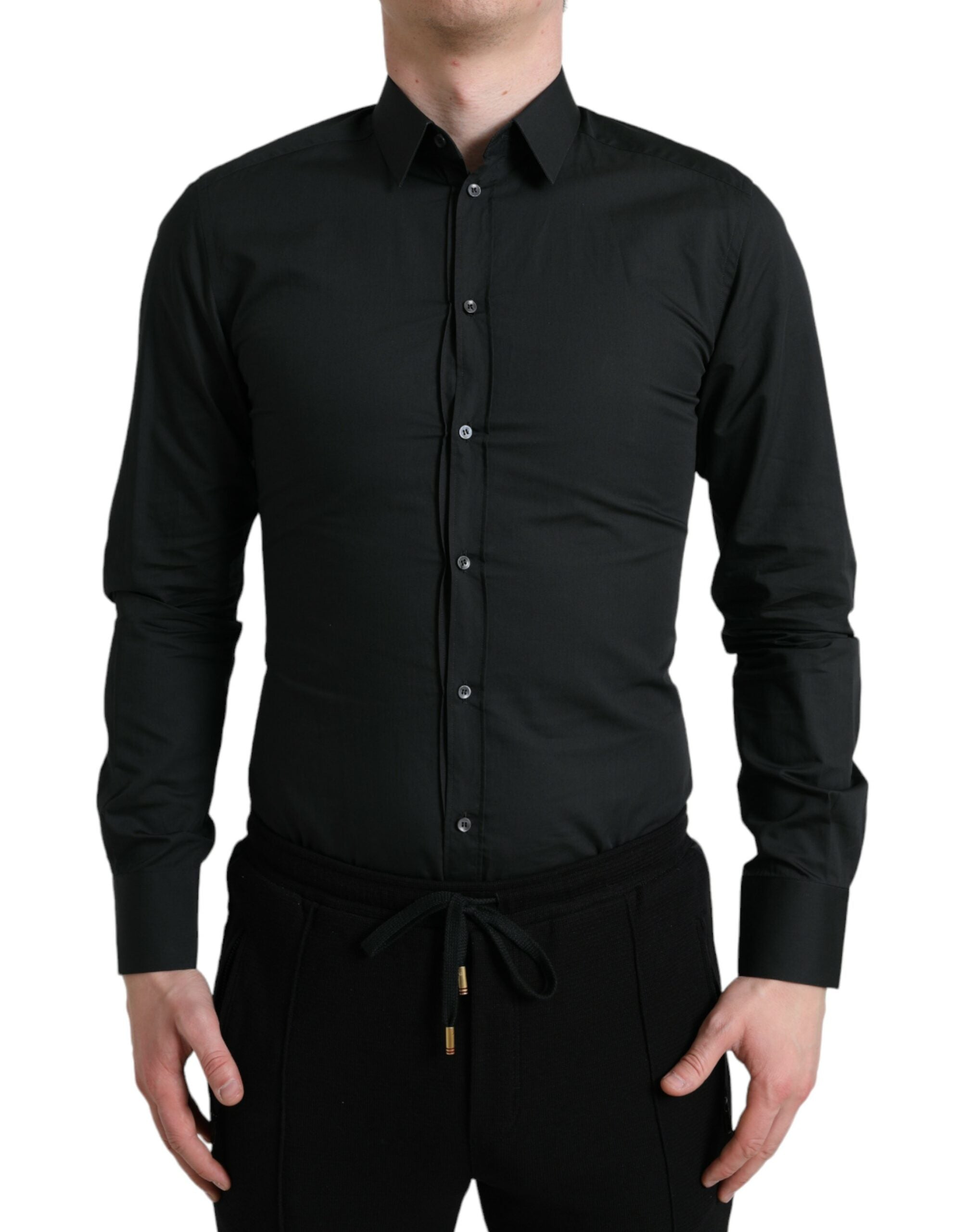 Dolce & Gabbana Black Cotton-Silk Shirt GOLD Formal Dress Shirt