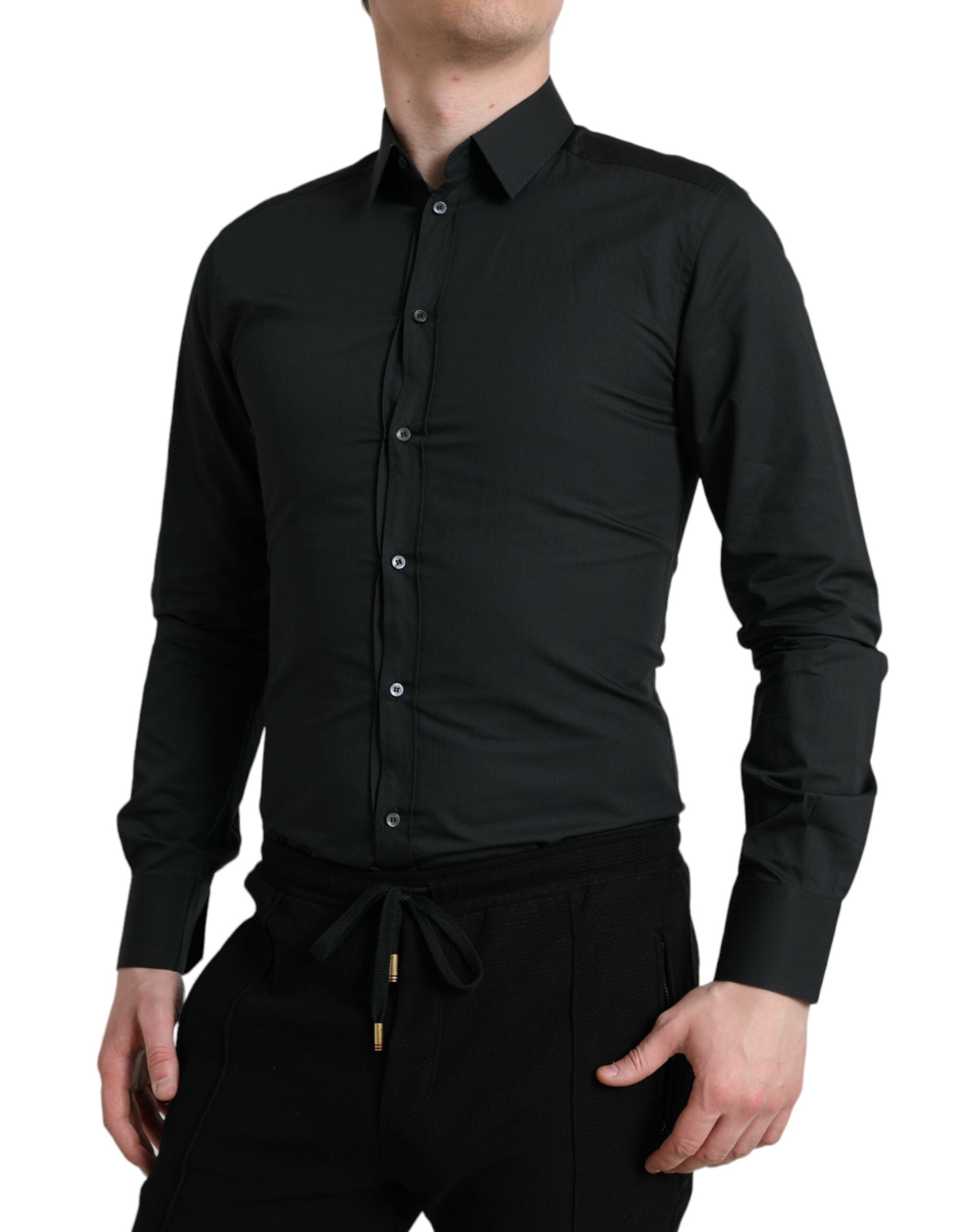 Dolce & Gabbana Black Cotton-Silk Shirt GOLD Formal Dress Shirt