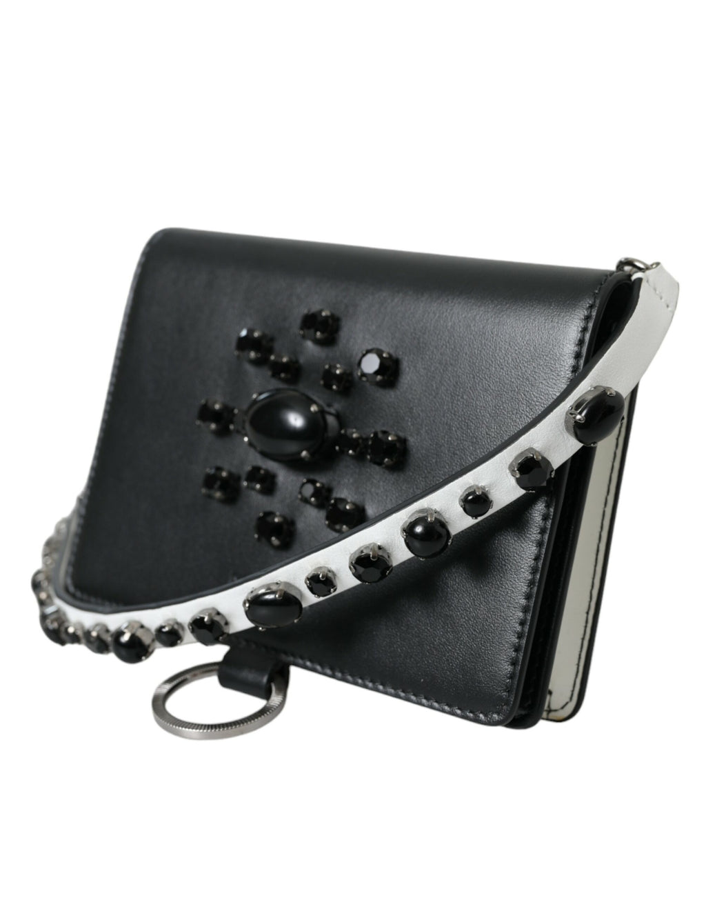 Dolce & Gabbana Schwarzes weißes Leder Crystal Embellished Cardholder Wallet