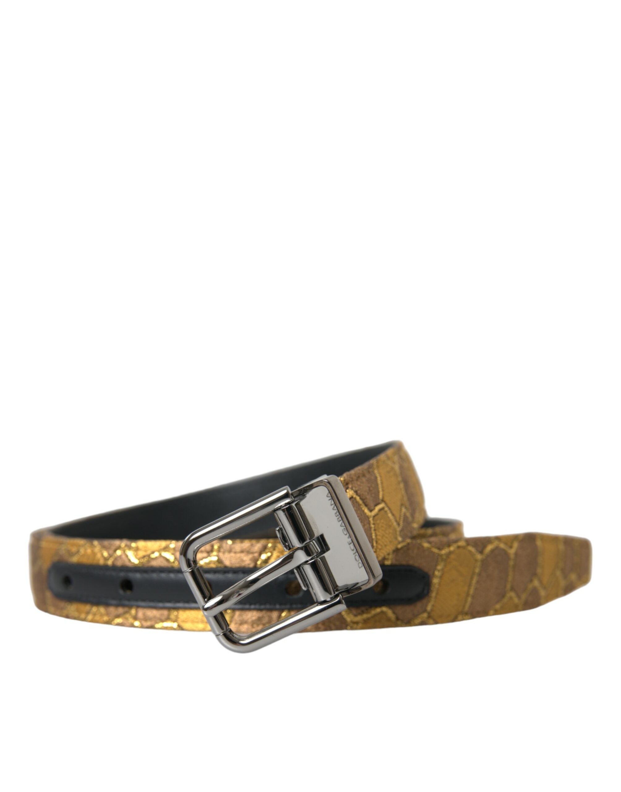 Dolce & Gabbana Goldfarbener Leder-Jacquardgürtel mit silberner Metallschnalle