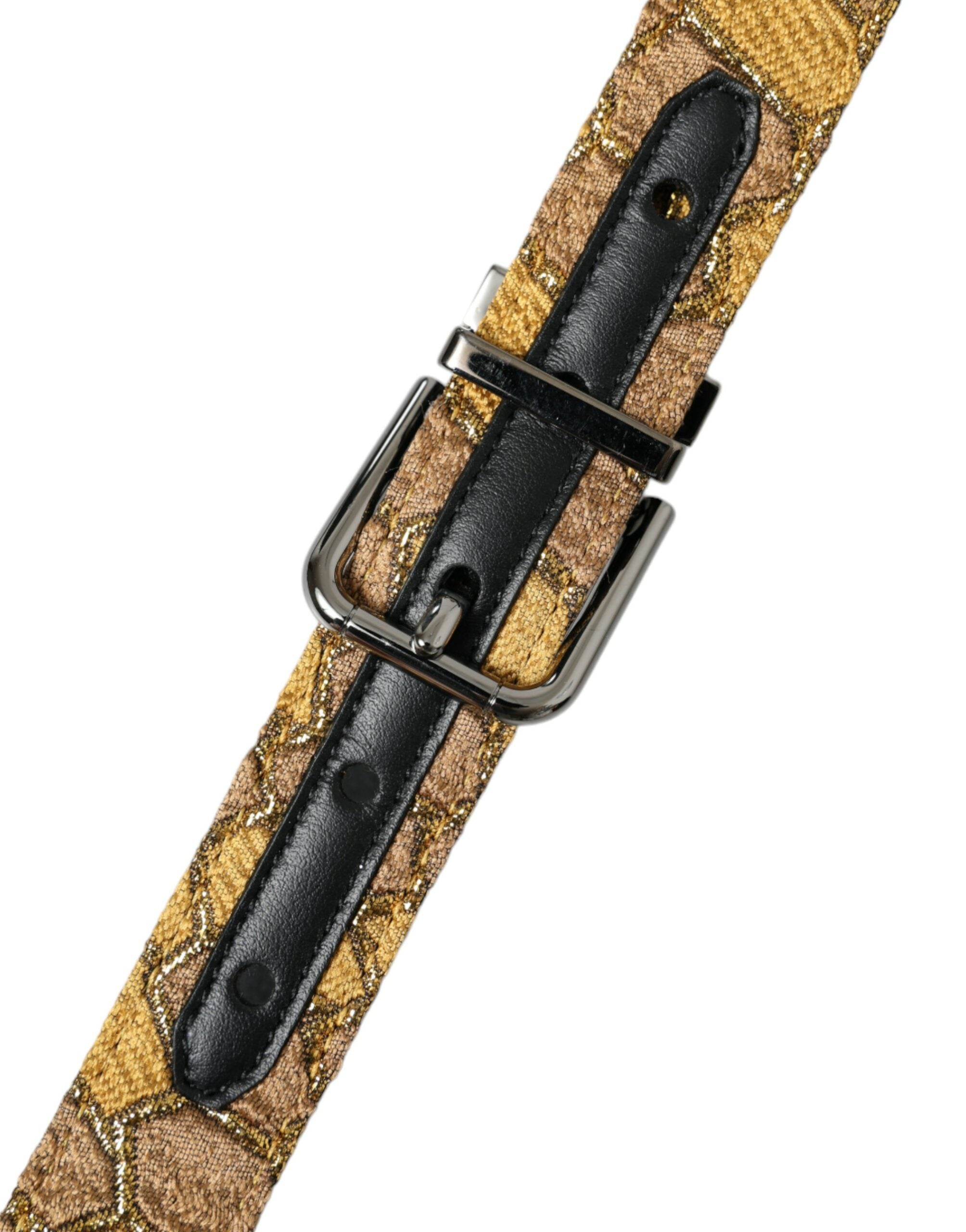 Dolce & Gabbana Goldfarbener Leder-Jacquardgürtel mit silberner Metallschnalle