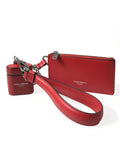 Dolce & Gabbana Red Leather Silver Metal Logo Strap Bag Airpods Case