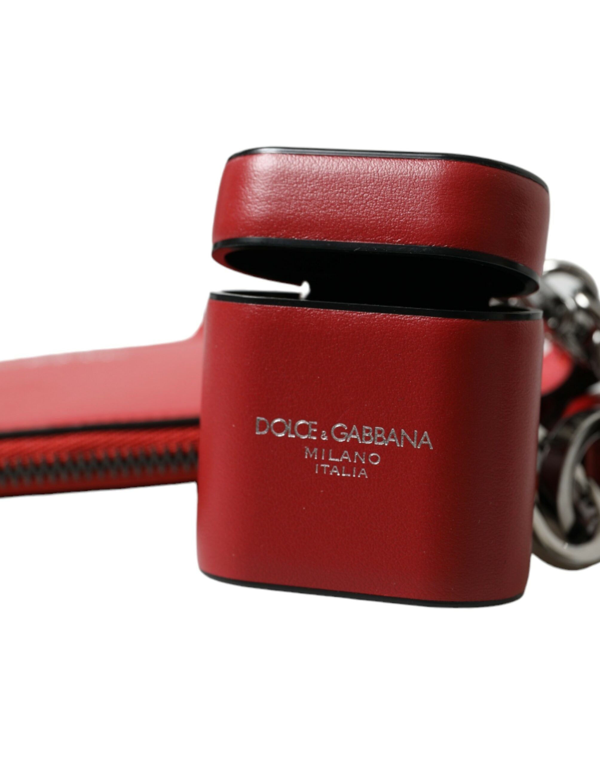Dolce & Gabbana Red Leather Silver Metal Logo Strap Bag Airpods Case