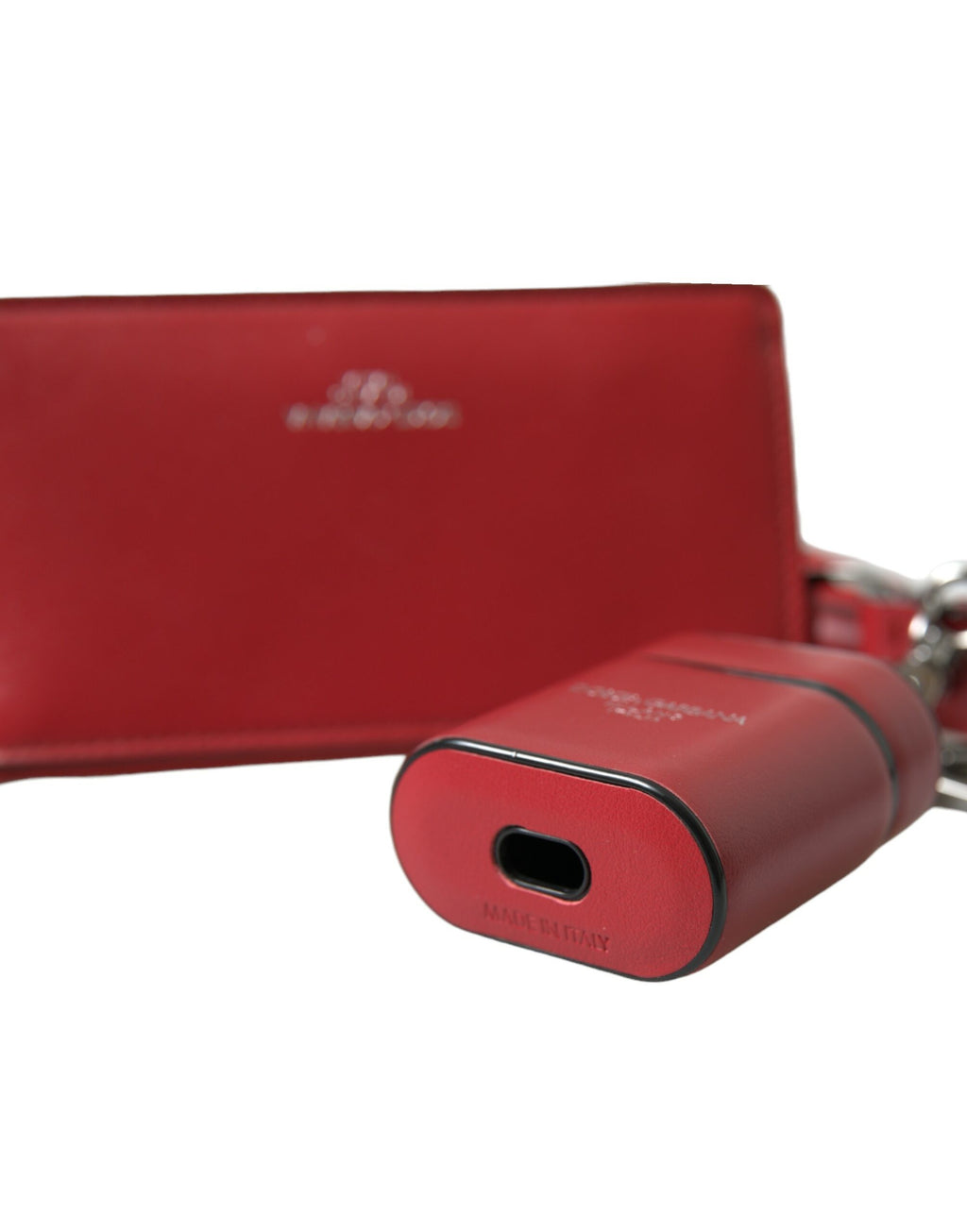 Dolce & Gabbana Red Leather Silver Metal Logo Strap Bag Airpods Case