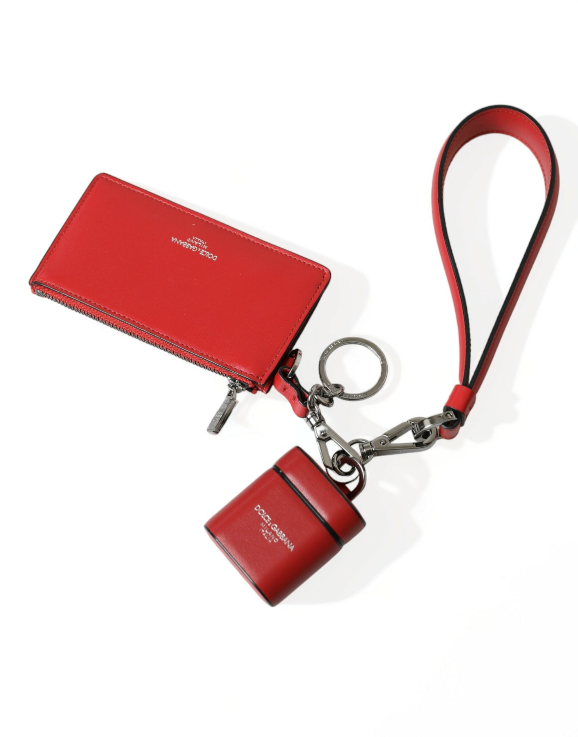 Dolce & Gabbana Red Leather Silver Metal Logo Strap Bag Airpods Case