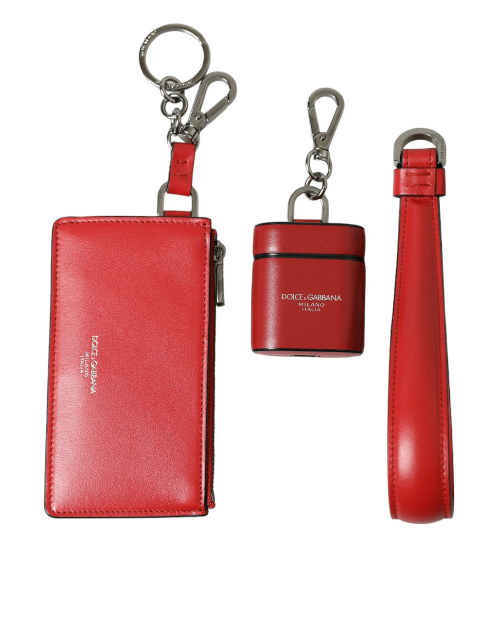 Dolce & Gabbana Red Leather Silver Metal Logo Strap Bag Airpods Case