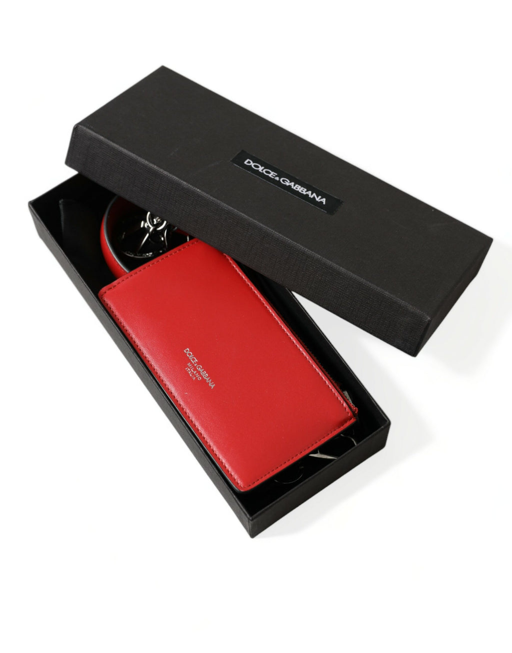 Dolce & Gabbana Red Leather Silver Metal Logo Strap Bag Airpods Case