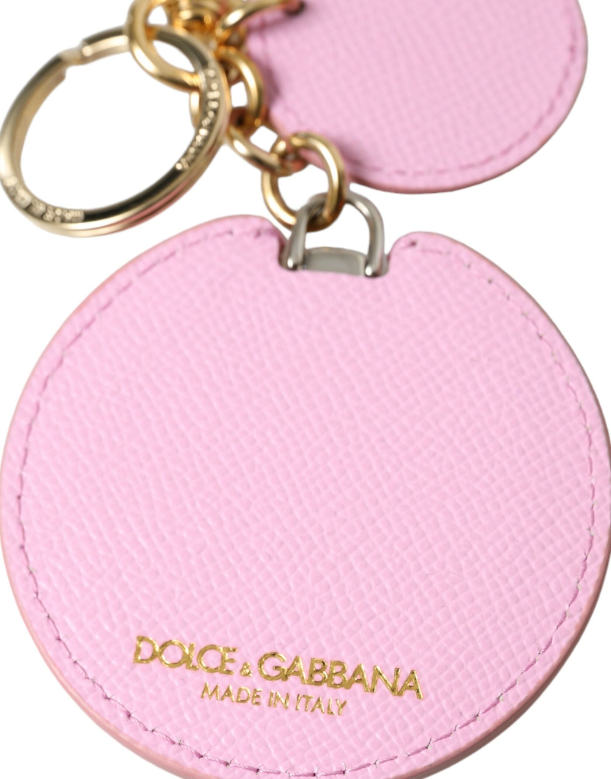 Dolce & Gabbana Pink Calfskin Gold Metal Logo Print Keychain Key Ring