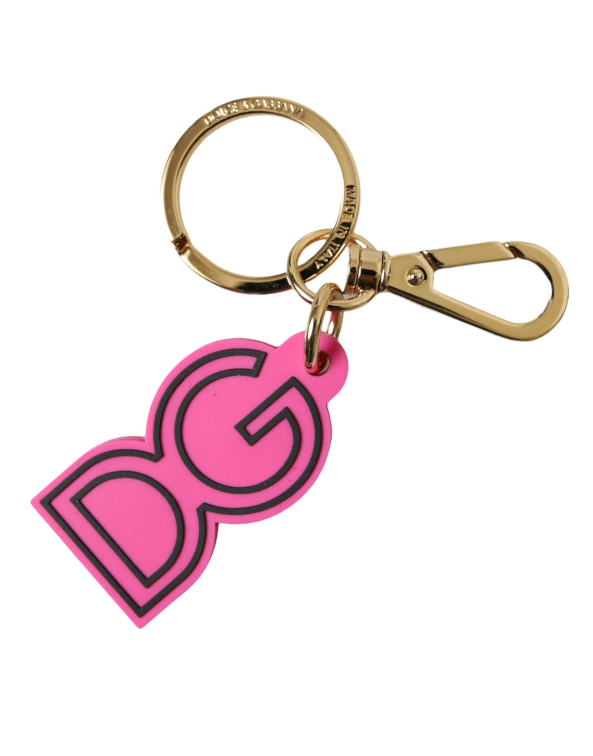 Dolce & Gabbana Pink Rubber Gold-tone Metal DG Logo Keychain Keyring