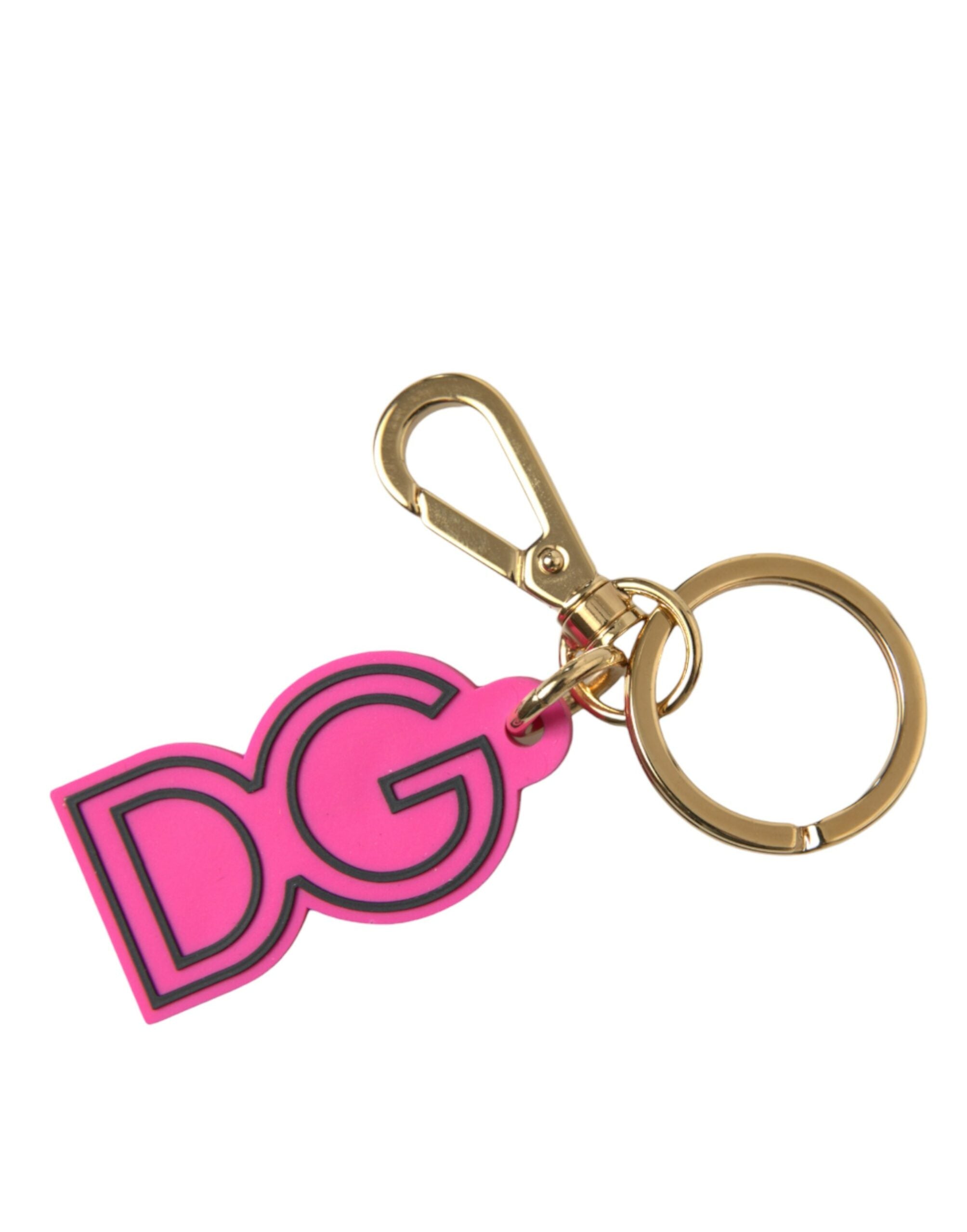 Dolce & Gabbana Pink Rubber Gold-tone Metal DG Logo Keychain Keyring