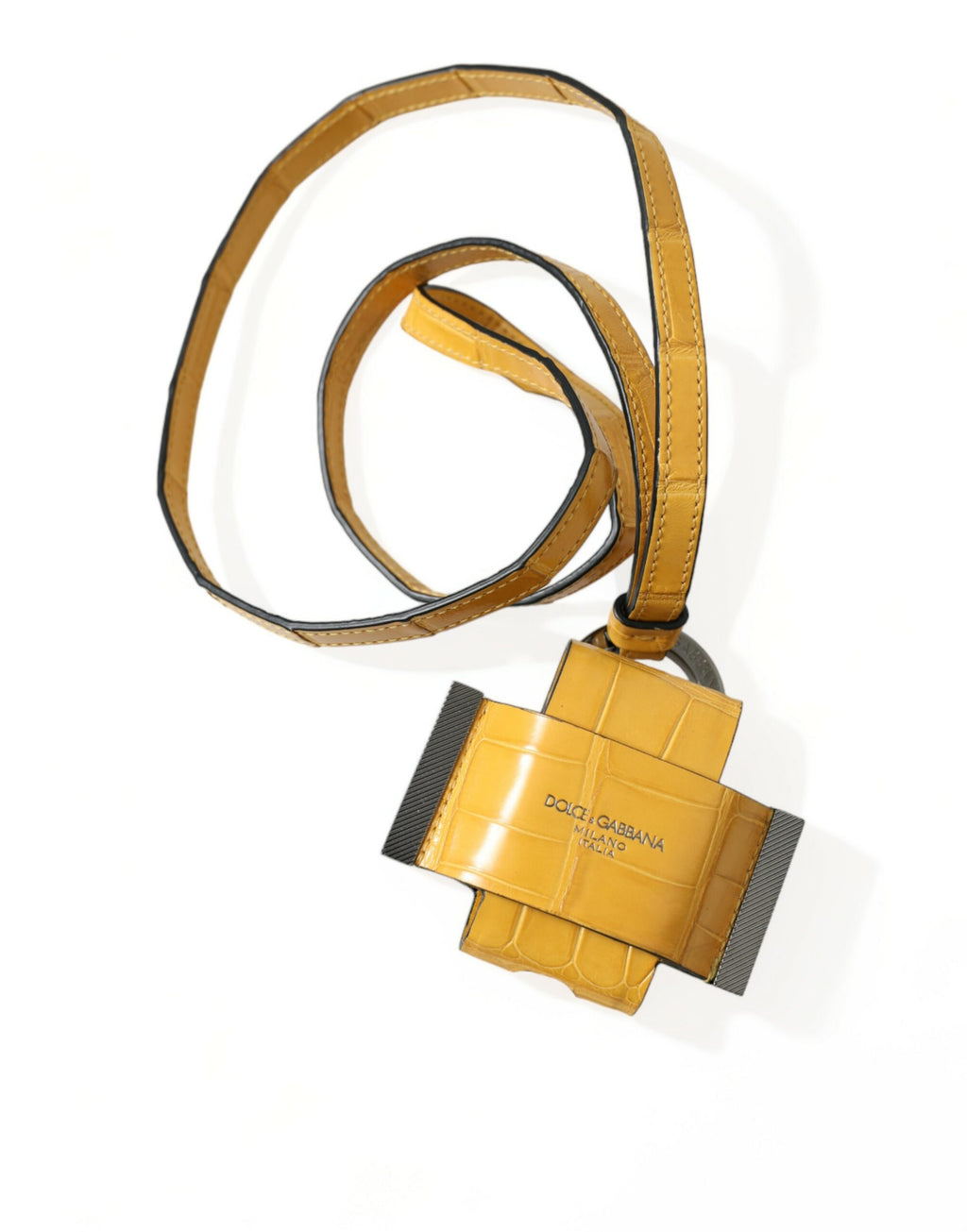 Dolce & Gabbana Yellow Crocodile Leather Logo-Print Lanyard Keychain