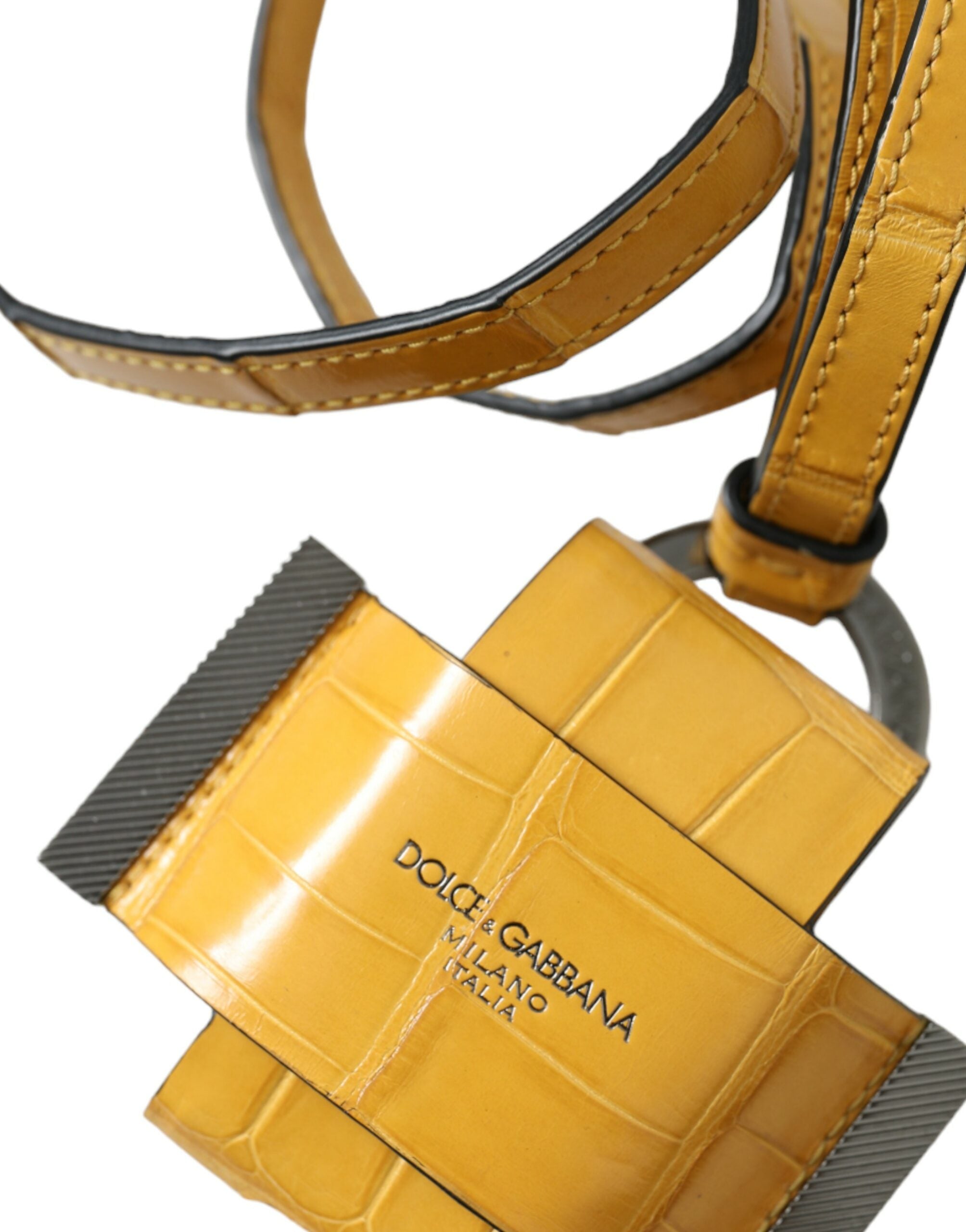 Dolce & Gabbana Yellow Crocodile Leather Logo-Print Lanyard Keychain