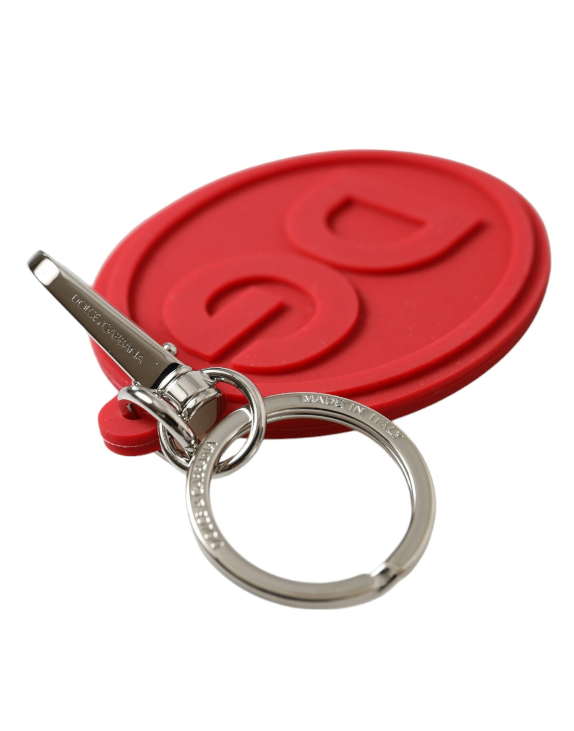 Dolce & Gabbana Red Rubber DG Logo Silver Brass Metal Keychain Keyring