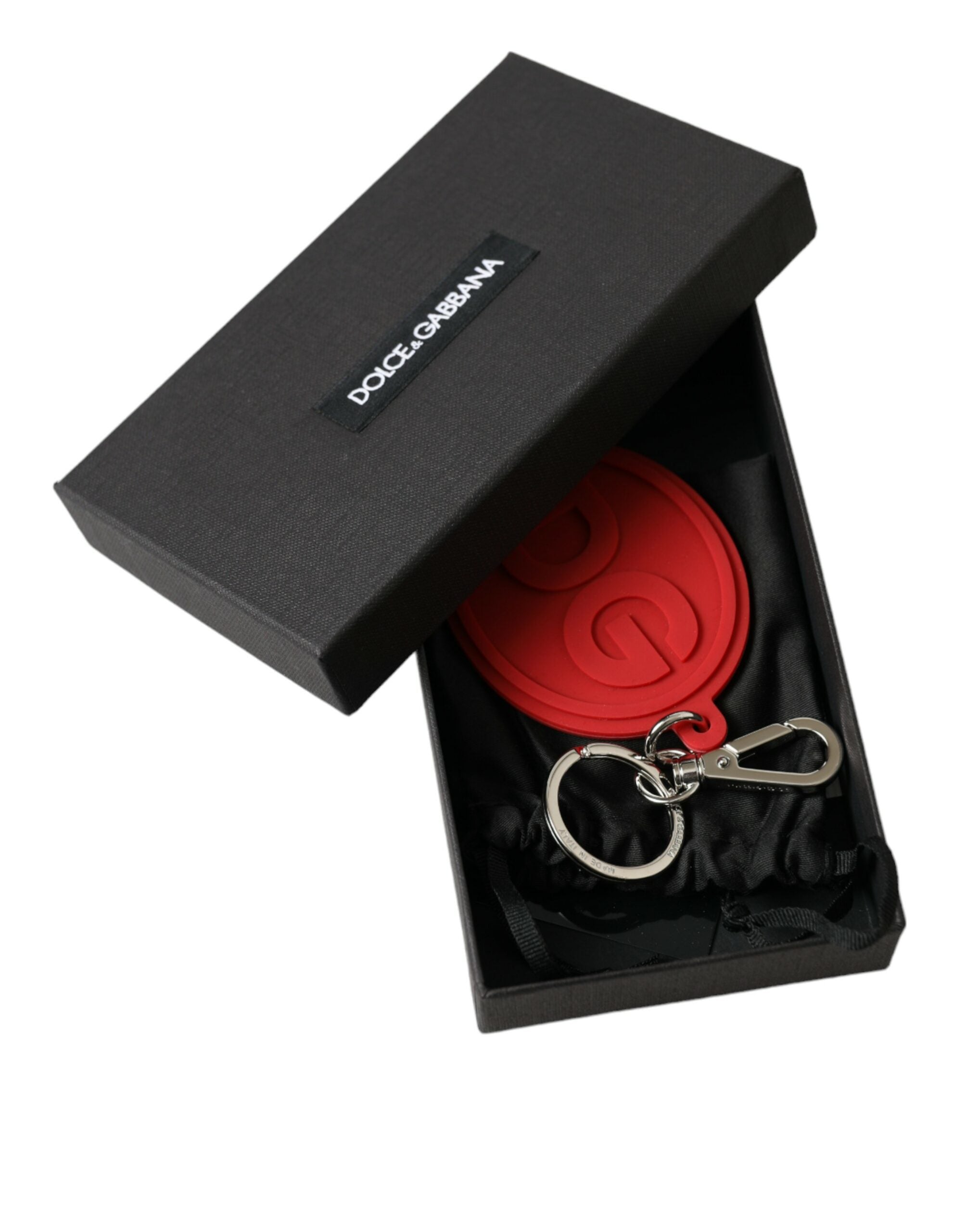 Dolce & Gabbana Red Rubber DG Logo Silver Brass Metal Keychain Keyring