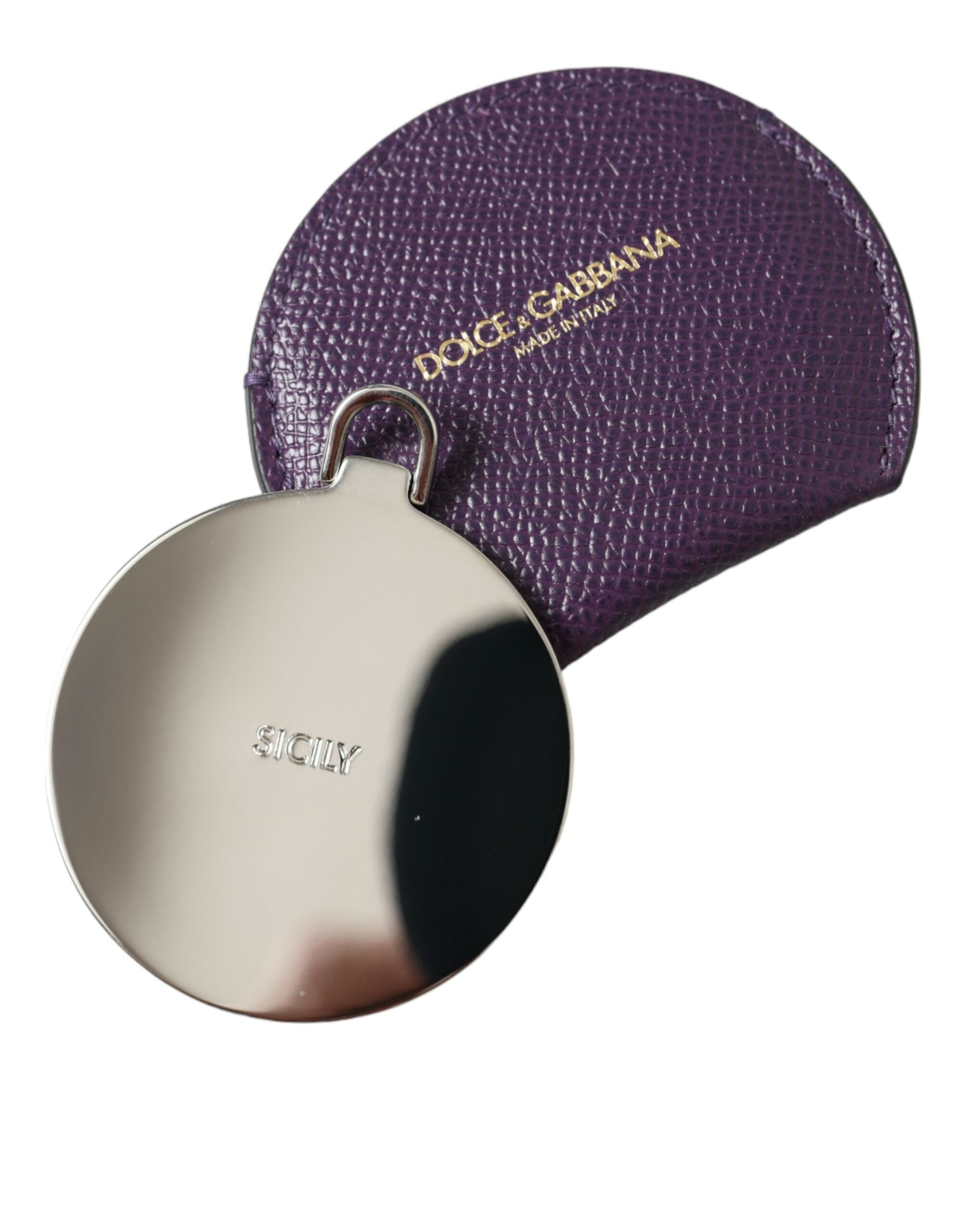 Dolce & Gabbana Purple Calfskin Round Logo Hand Mirror Holder